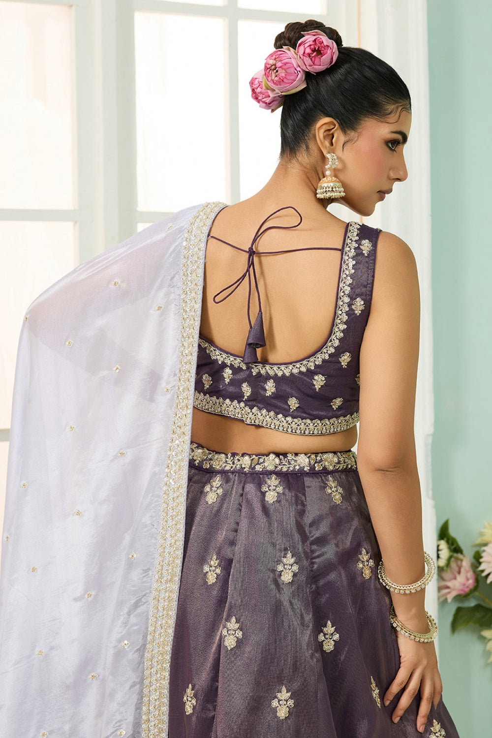 DARK PURPLE TISSUE LEHENGA CHOLI WITH MOTI AND RESHAM EMBROIDERY