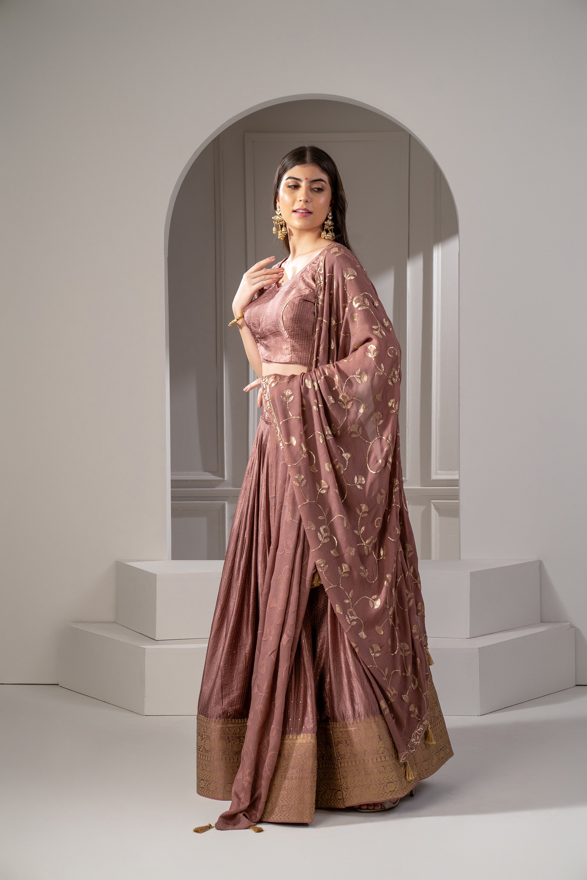 Rusty Rose Silk Sequins Embroidered Lehenga Set