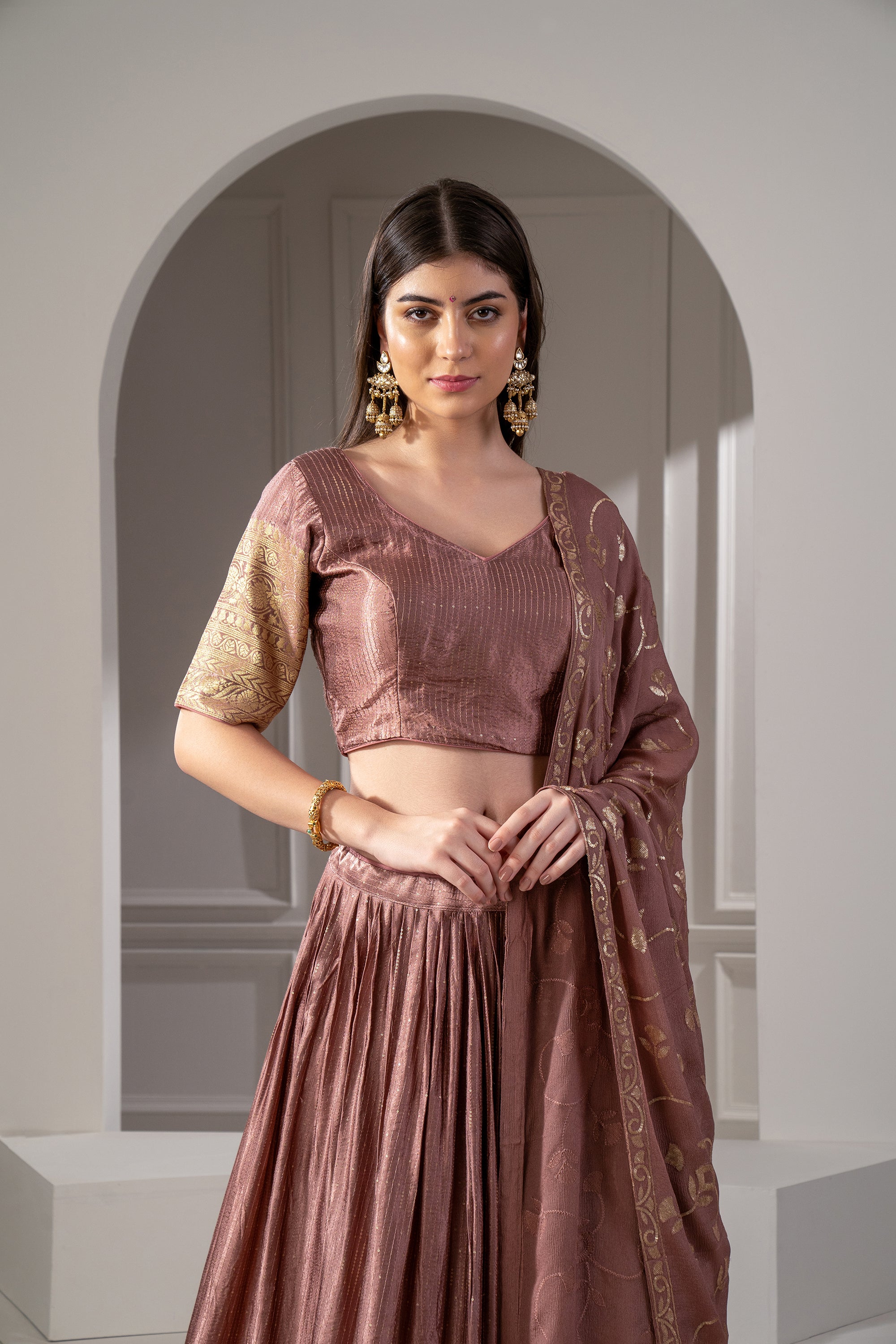 Rusty Rose Silk Sequins Embroidered Lehenga Set