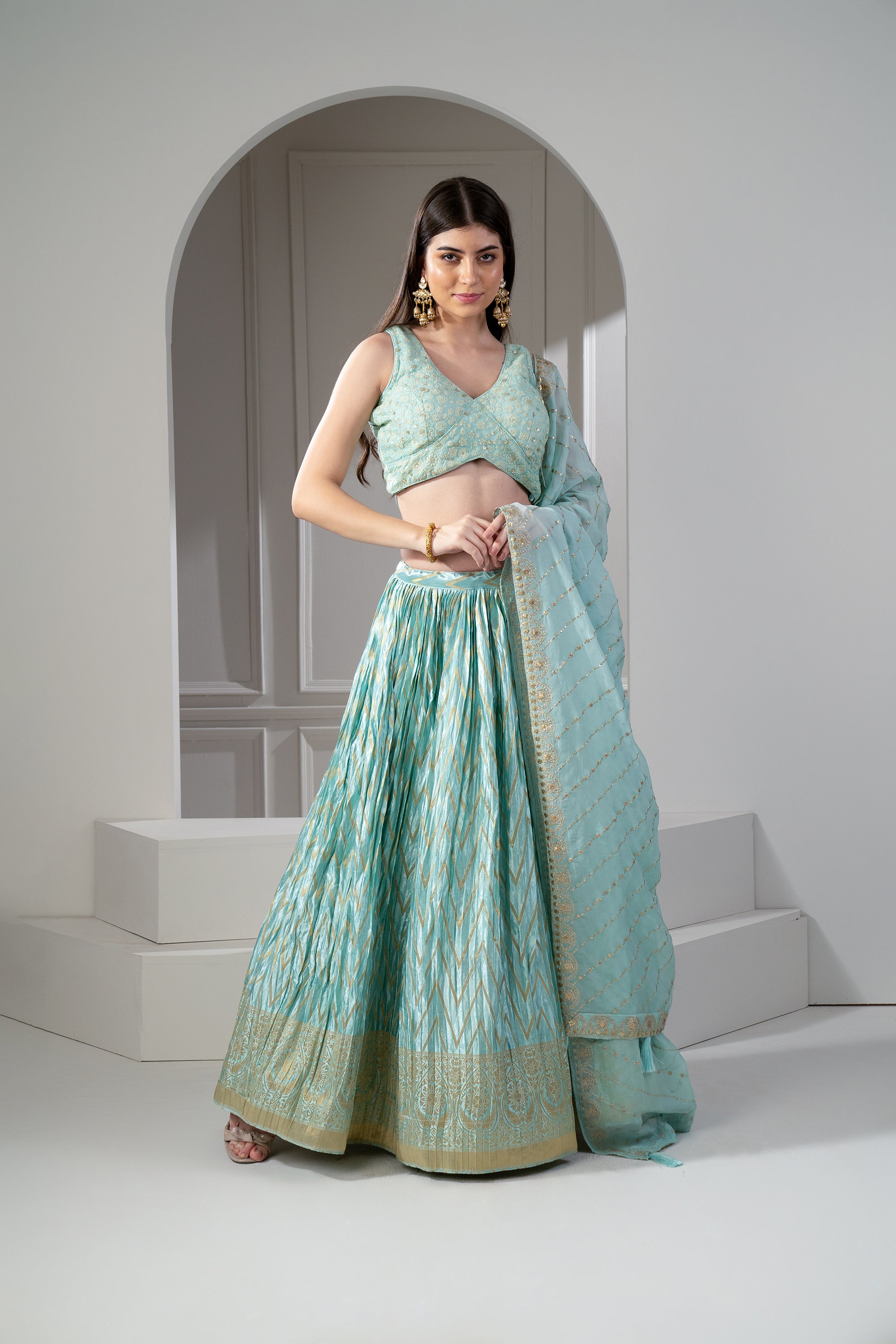 Mint Green Semi Silk Printed Sequinned Embroidered Lehenga Set