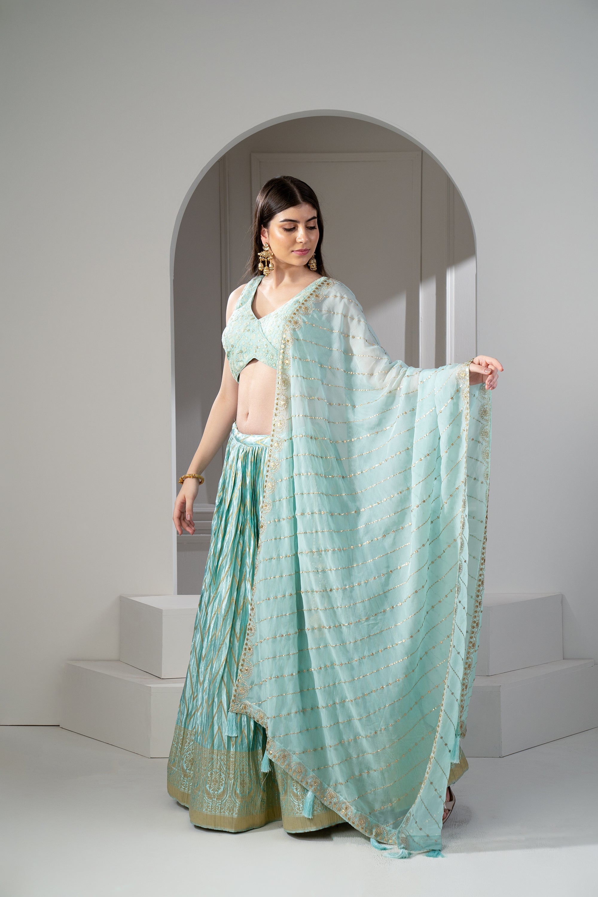 Mint Green Semi Silk Printed Sequinned Embroidered Lehenga Set