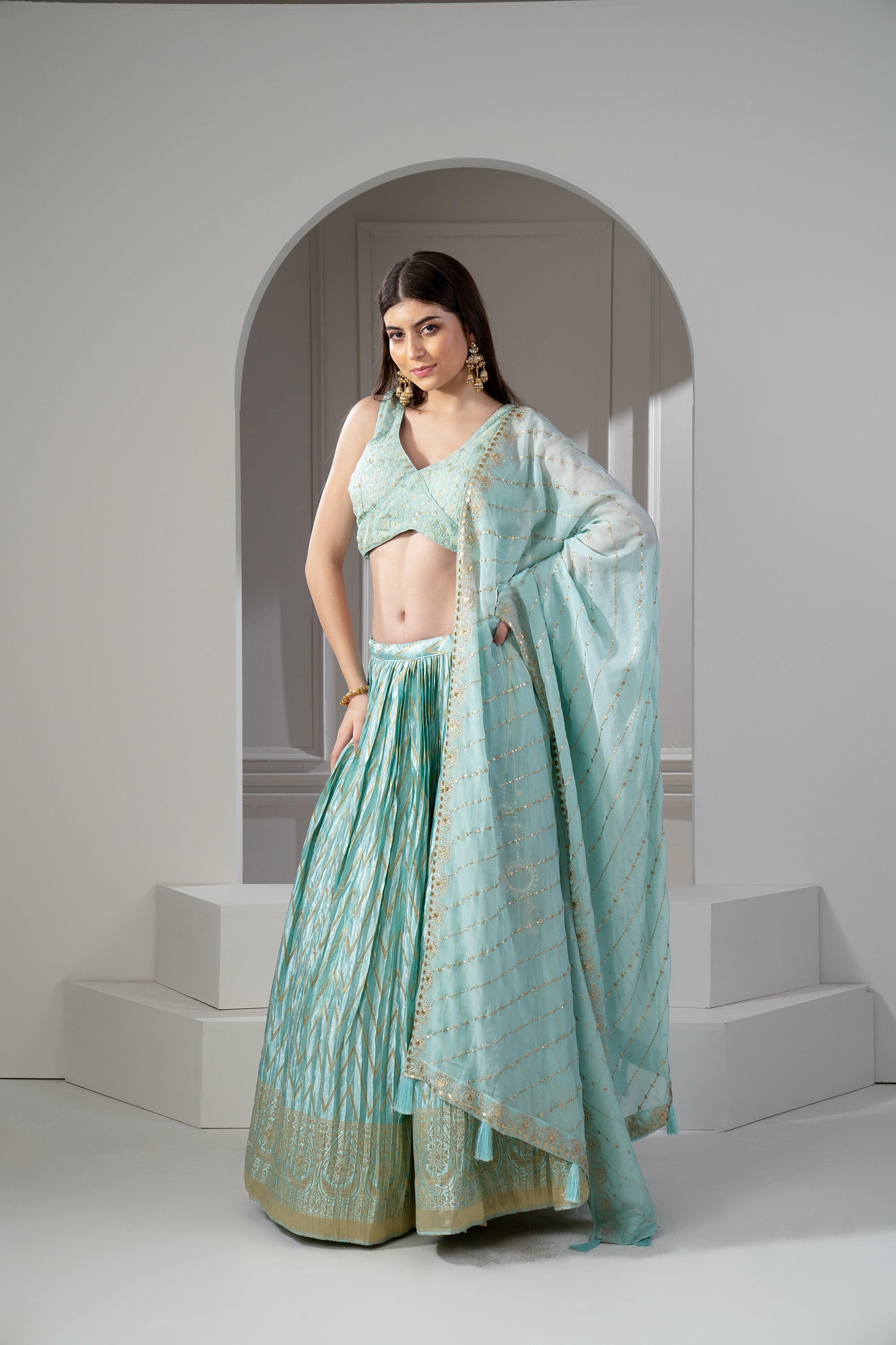 Mint Green Semi Silk Printed Sequinned Embroidered Lehenga Set