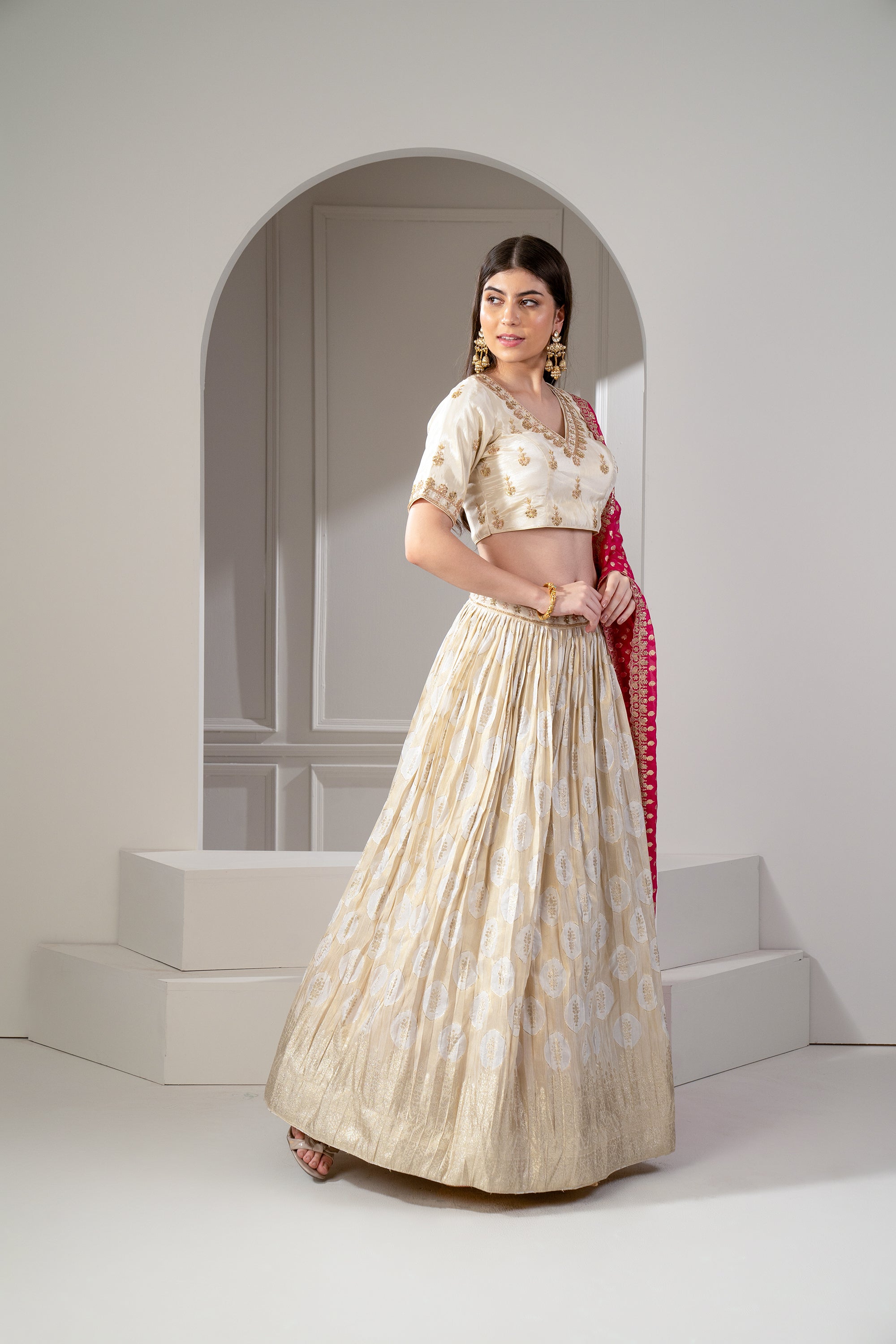 Golden Beige Banarasi Silk Zari and Thread Embroidered Lehenga Set