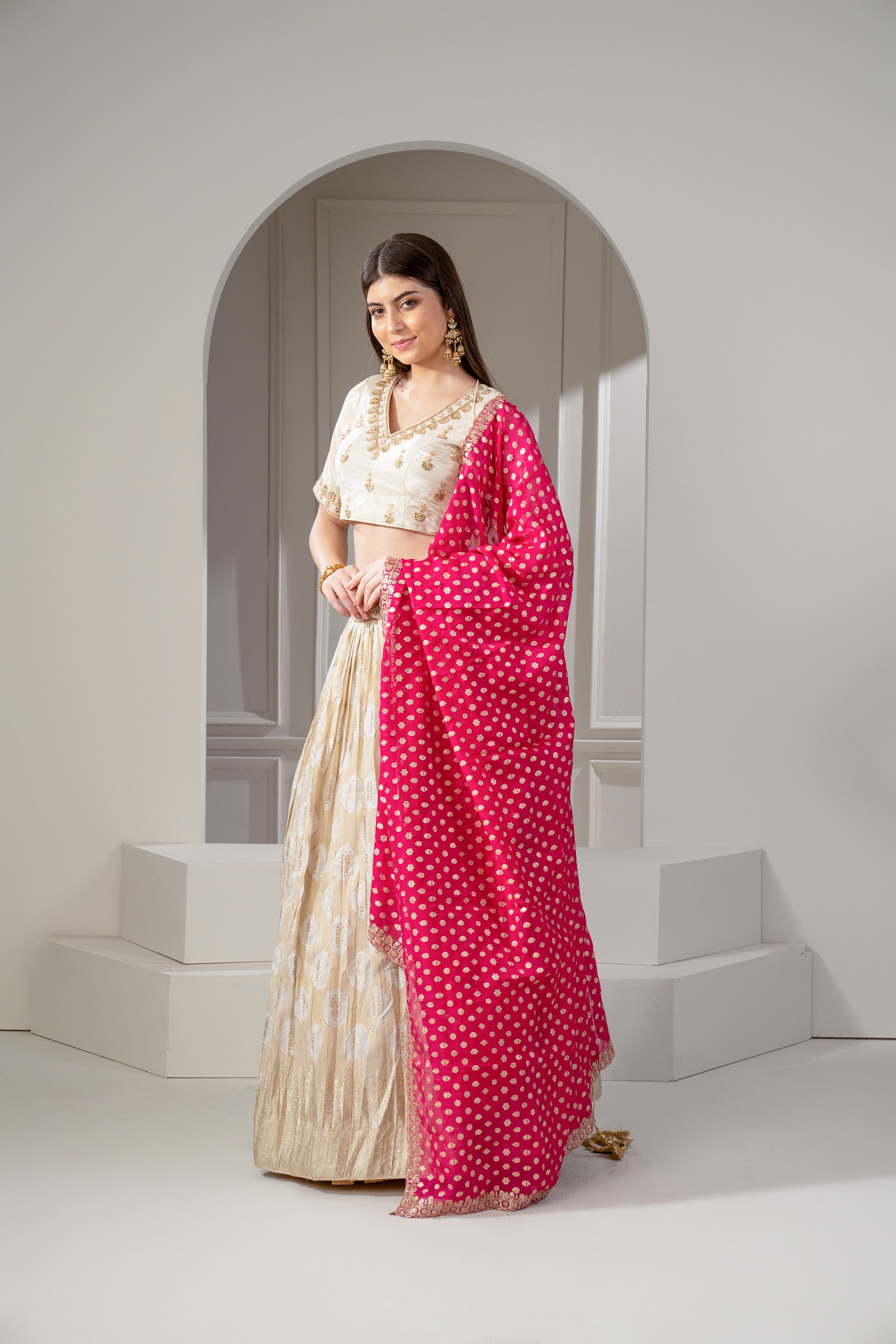 Golden Beige Banarasi Silk Zari and Thread Embroidered Lehenga Set