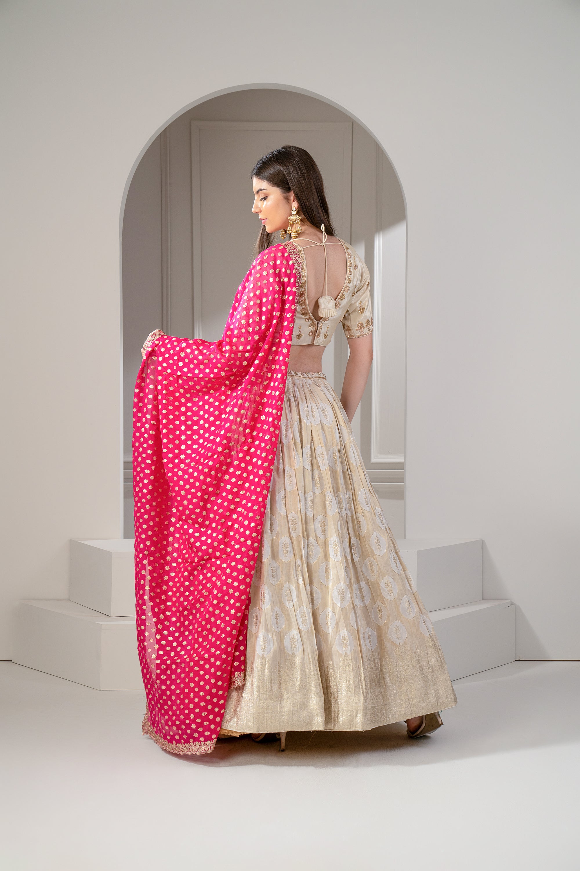 Golden Beige Banarasi Silk Zari and Thread Embroidered Lehenga Set