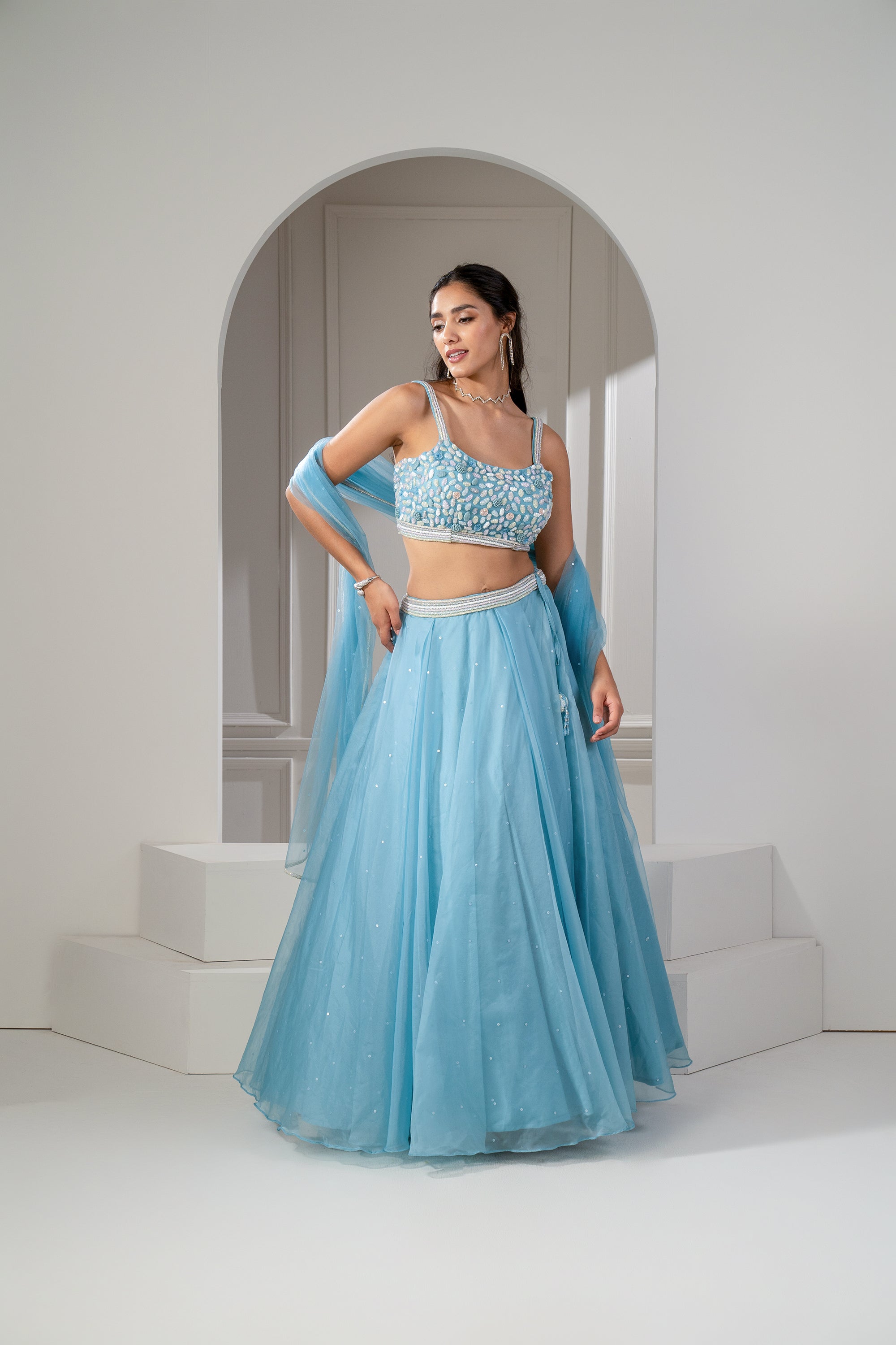 Frost Blue Organza Sequinned Lehenga Set.
