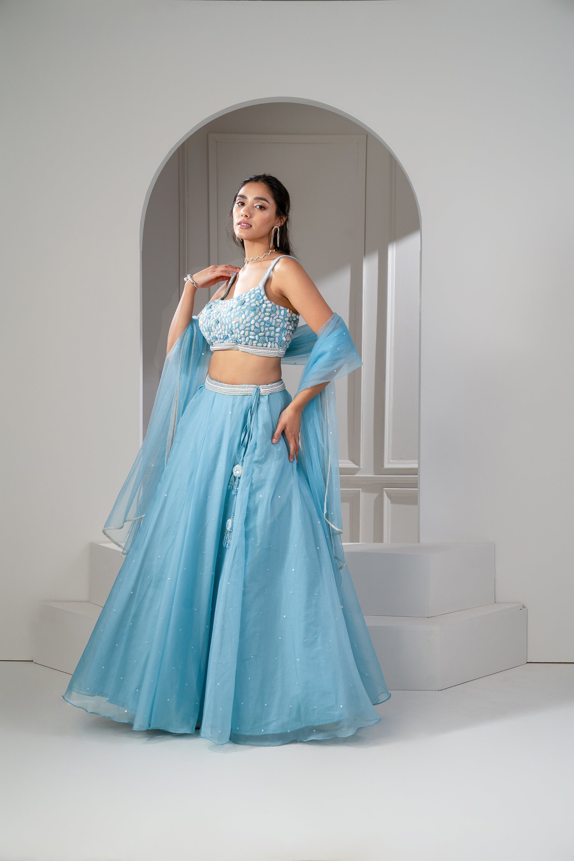 Frost Blue Organza Sequinned Lehenga Set.