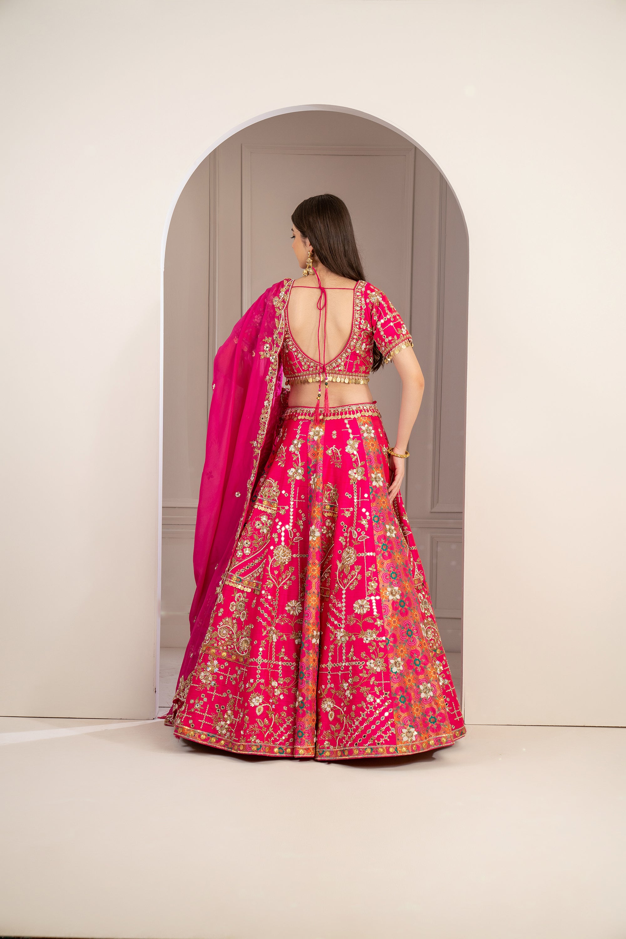 Hot Pink Raw Silk Hand Embroidered Lehenga