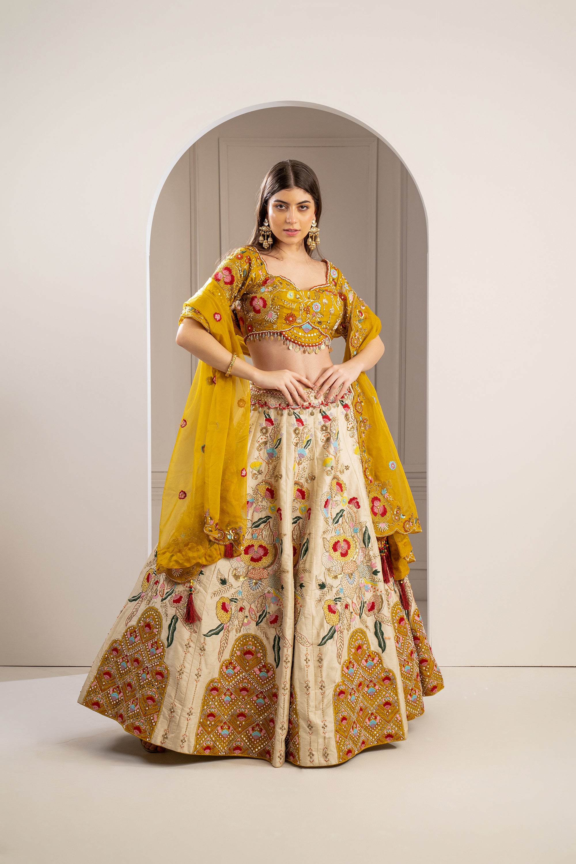 Bumblebee Yellow Heavily Embroidered Raw Silk Lehenga Set