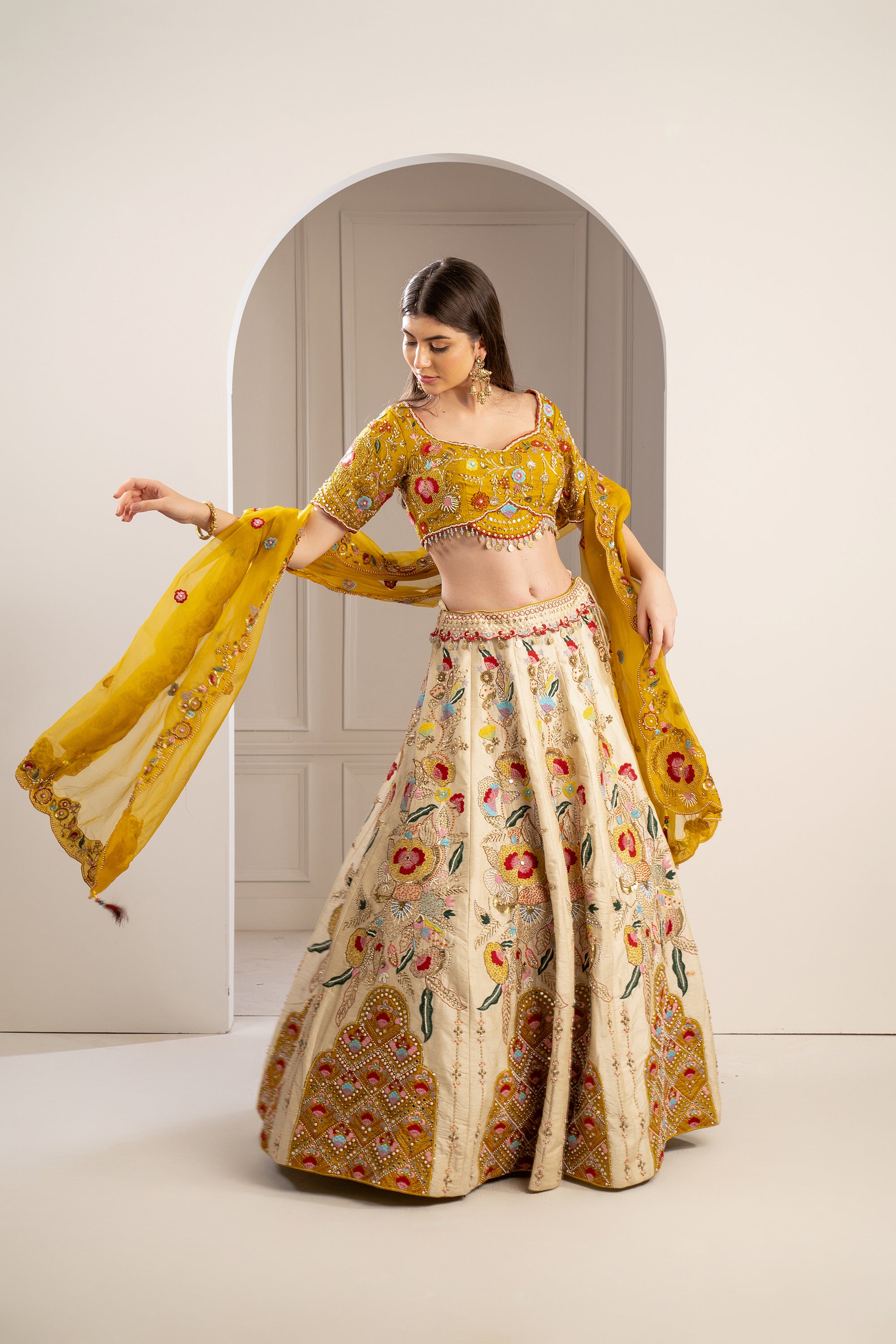 Bumblebee Yellow Heavily Embroidered Raw Silk Lehenga Set