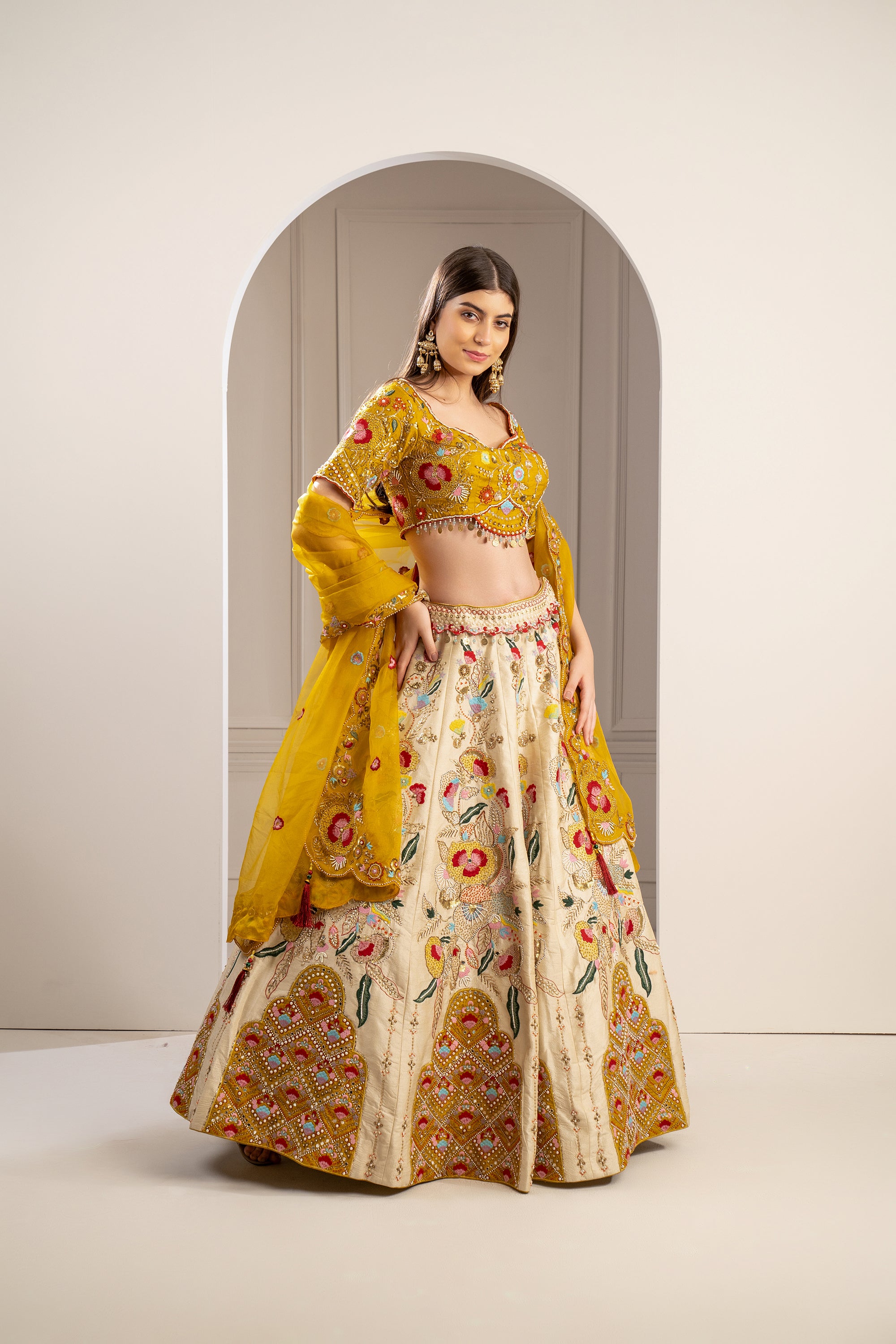Bumblebee Yellow Heavily Embroidered Raw Silk Lehenga Set