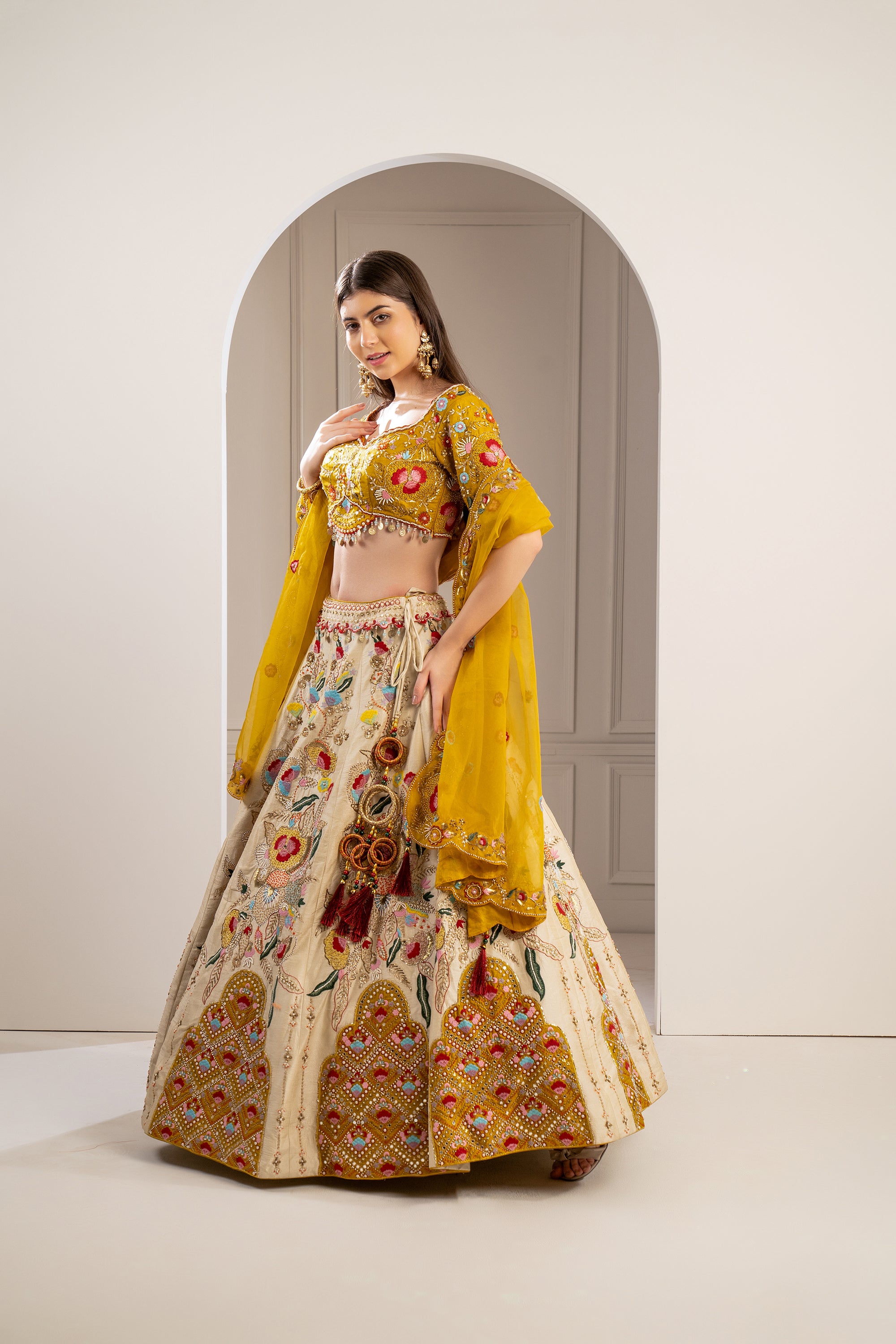 Bumblebee Yellow Heavily Embroidered Raw Silk Lehenga Set