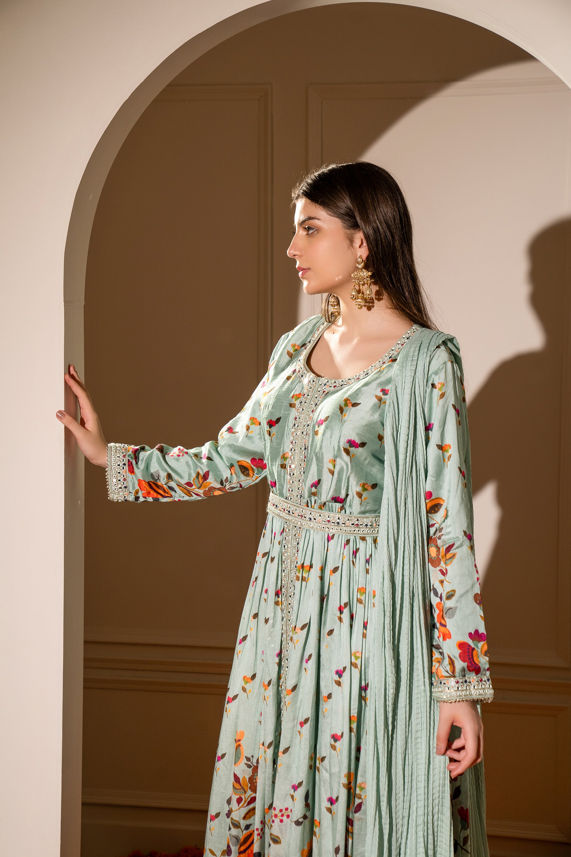 Pastel Sea Green Soft Silk Printed Gown with Intricate Mirror Work