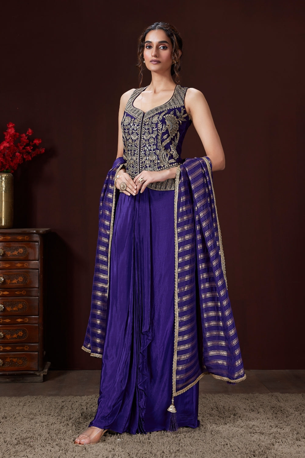 Dark Blue Crape Silk Palazzo Suit with Cutdana and Zari Embroidered Work