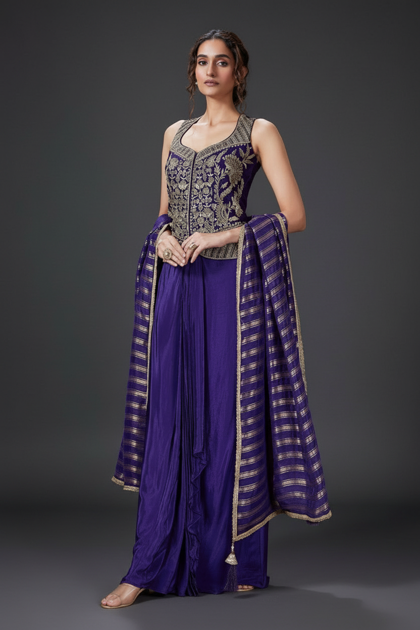 Dark Blue Crape Silk Palazzo Suit with Cutdana and Zari Embroidered Work