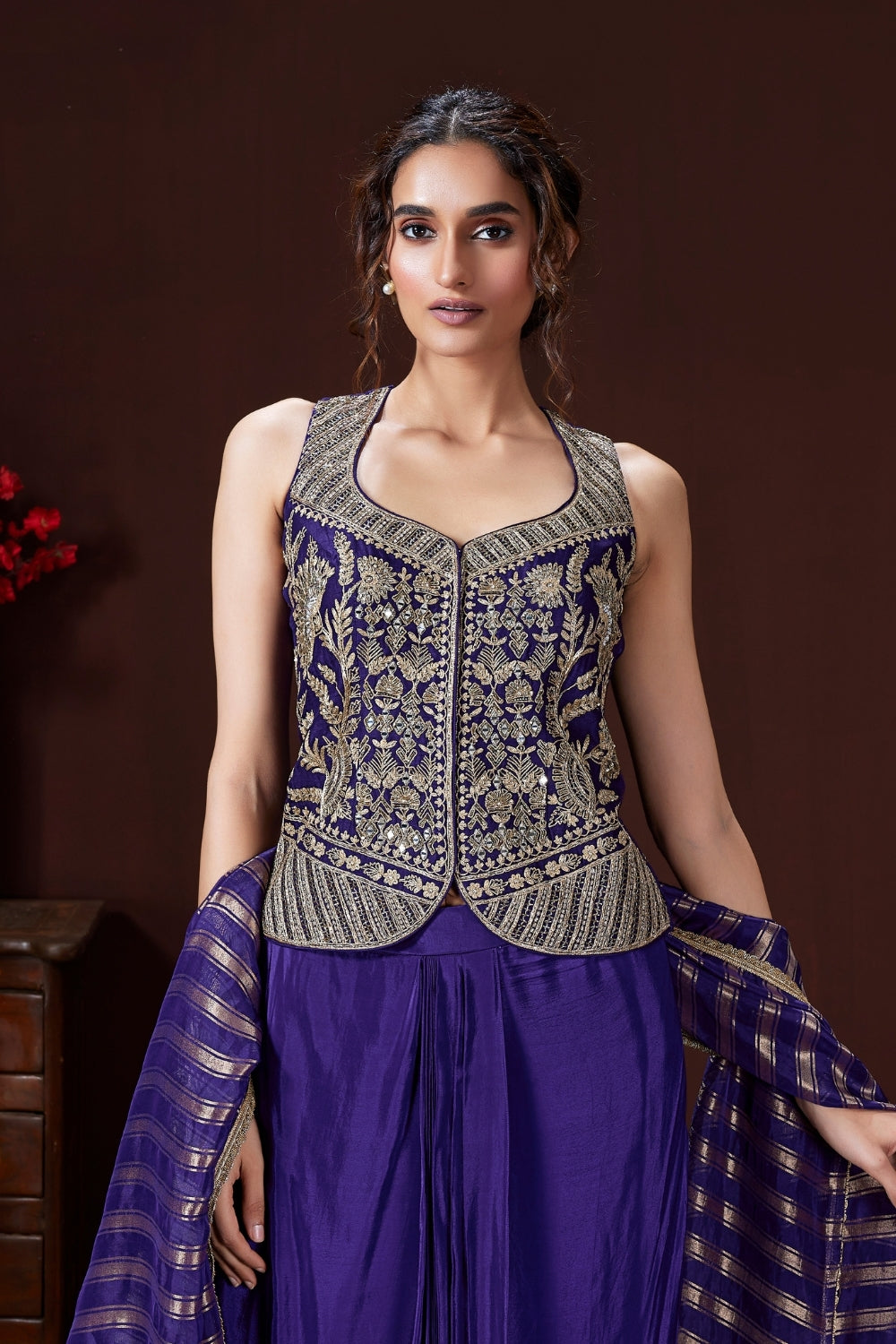 Dark Blue Crape Silk Palazzo Suit with Cutdana and Zari Embroidered Work