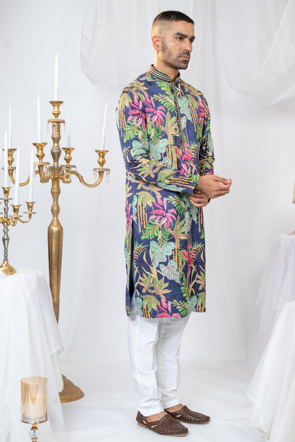 Dark Blue Crepe Silk Printed Kurta Set with Moti Work
