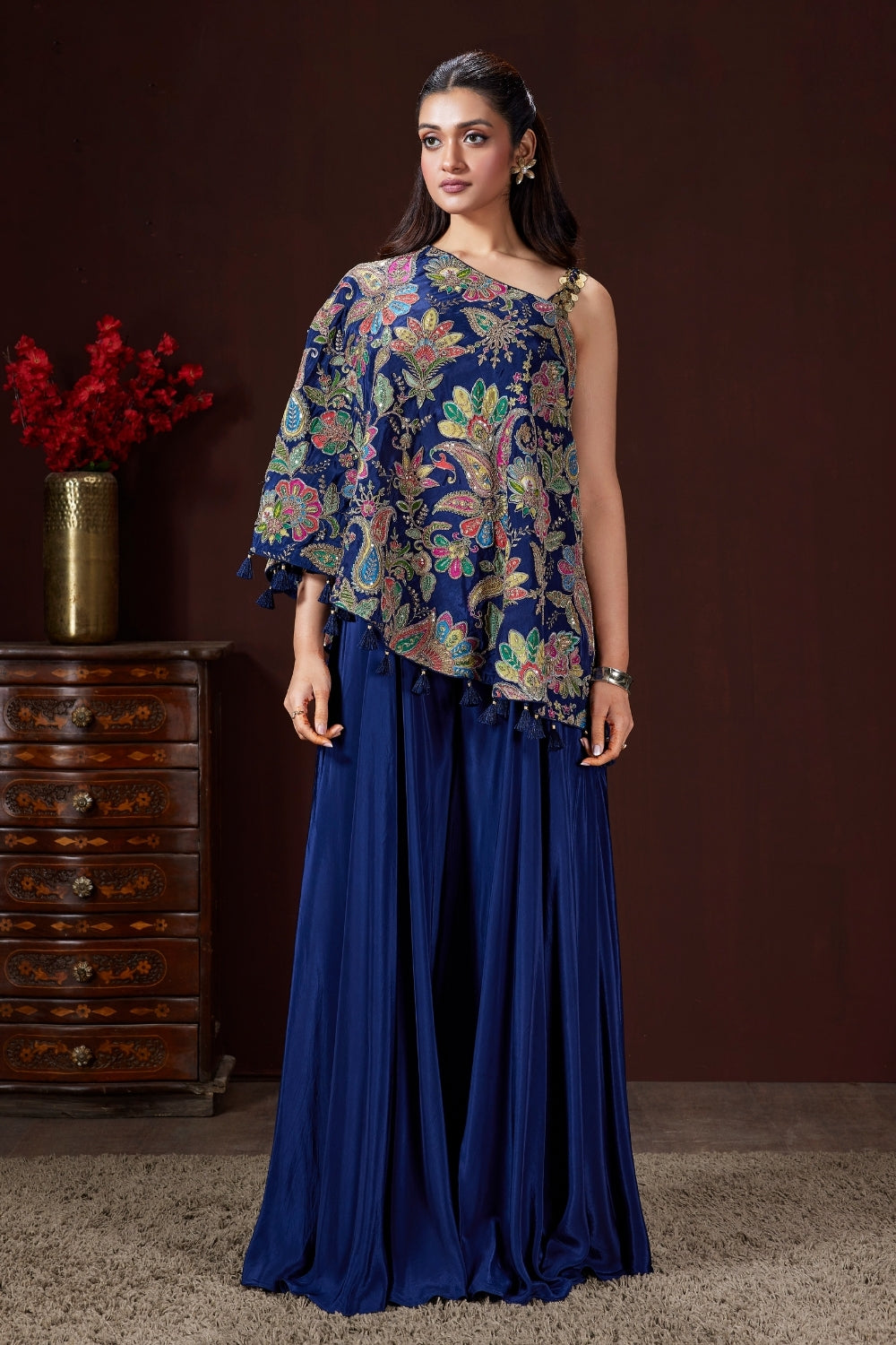 Dark Blue Crepe Silk with Cutdana and Beads Work