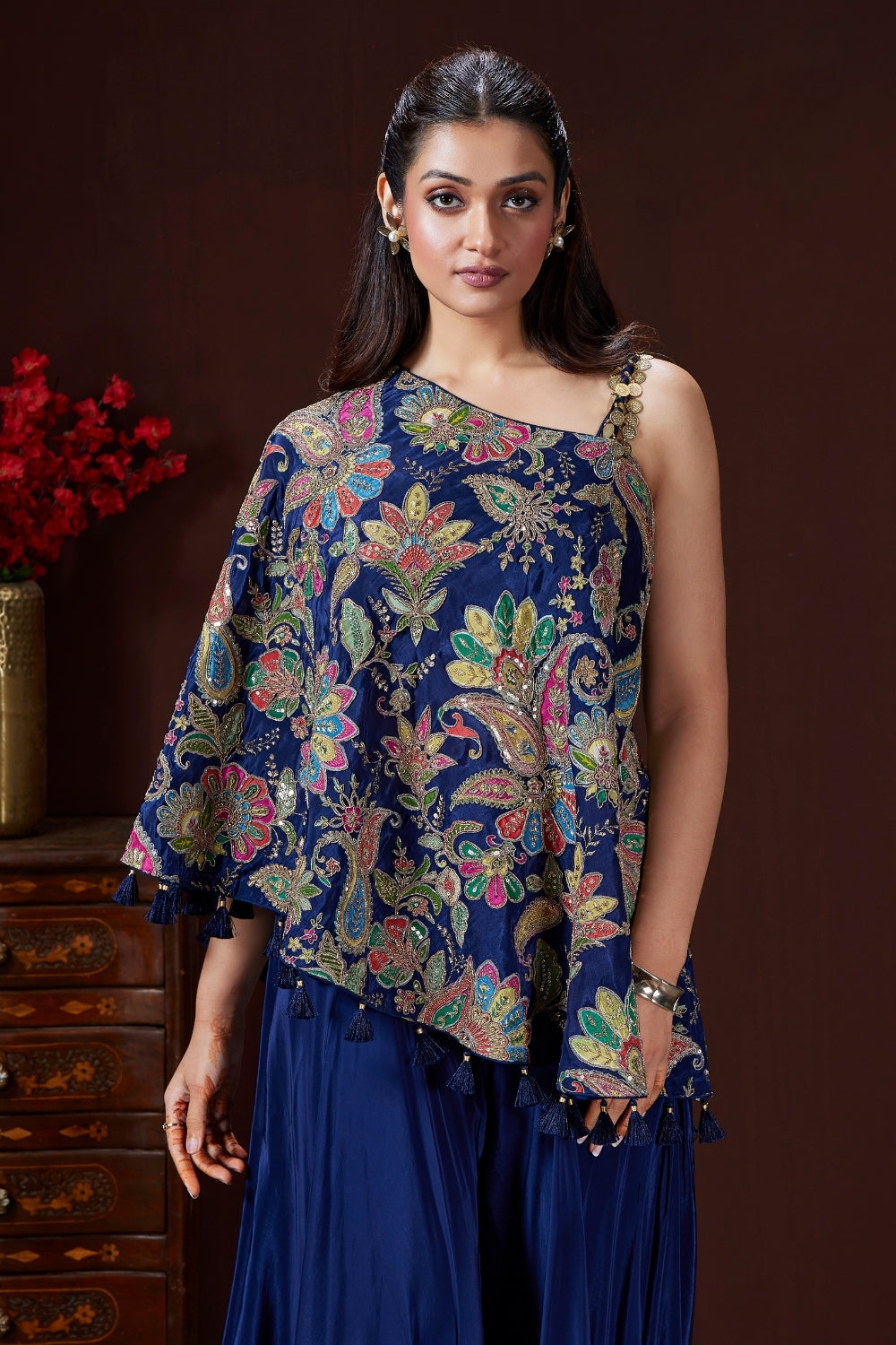 Dark Blue Crepe Silk with Cutdana and Beads Work