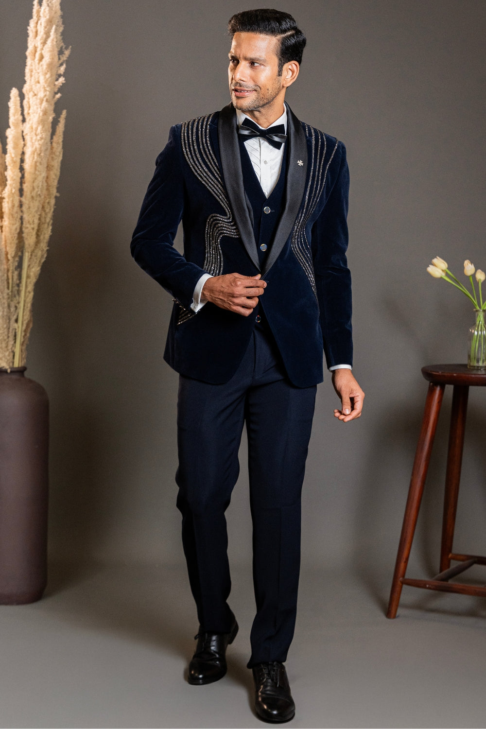 Dark Blue Five Piece Velvet Tuxedo with Stone Work
