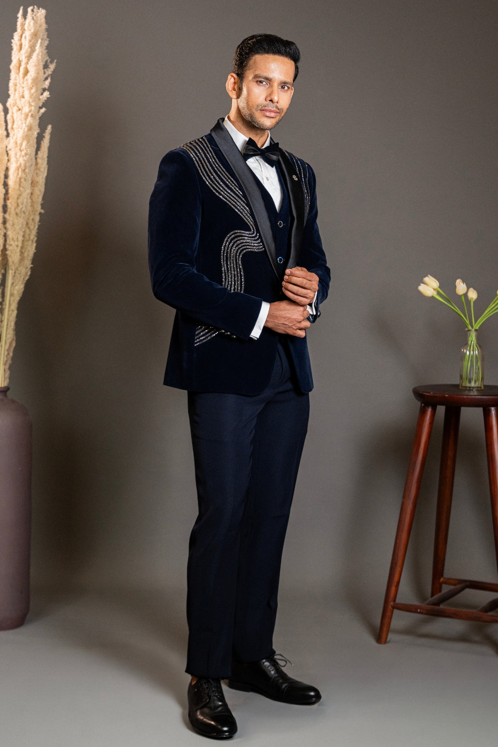 Dark Blue Five Piece Velvet Tuxedo with Stone Work