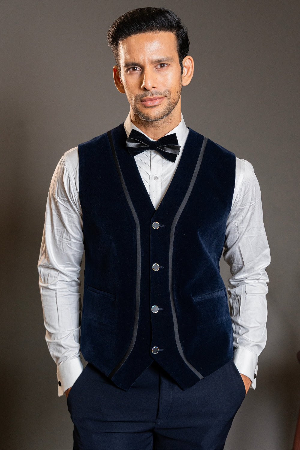 Dark Blue Five Piece Velvet Tuxedo with Stone Work