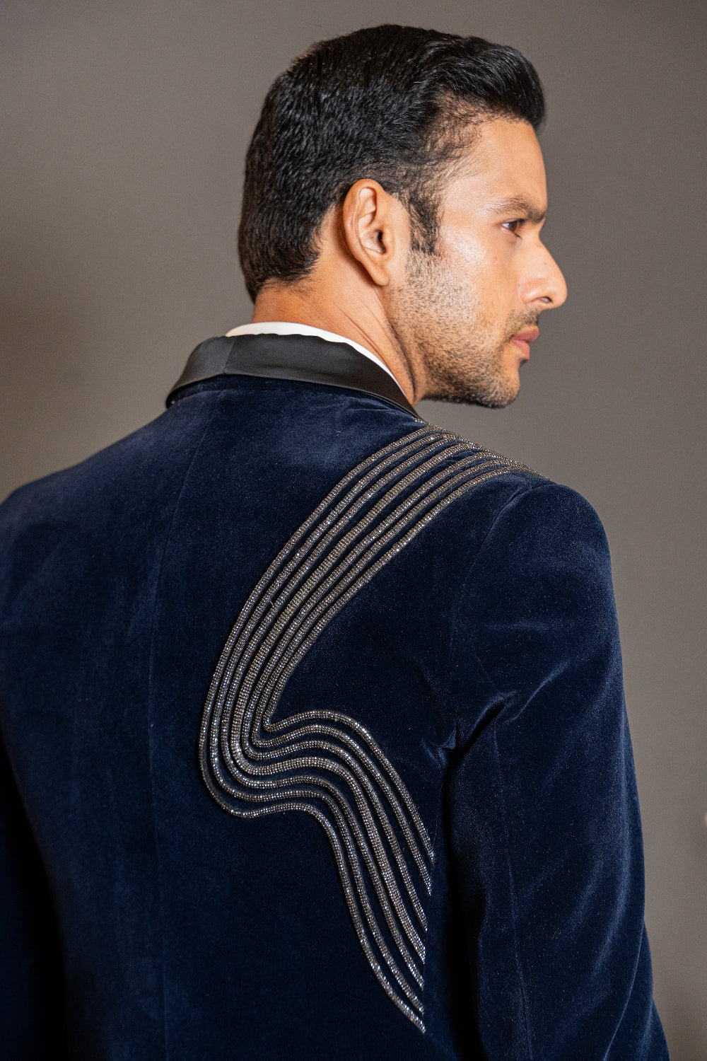 Dark Blue Five Piece Velvet Tuxedo with Stone Work