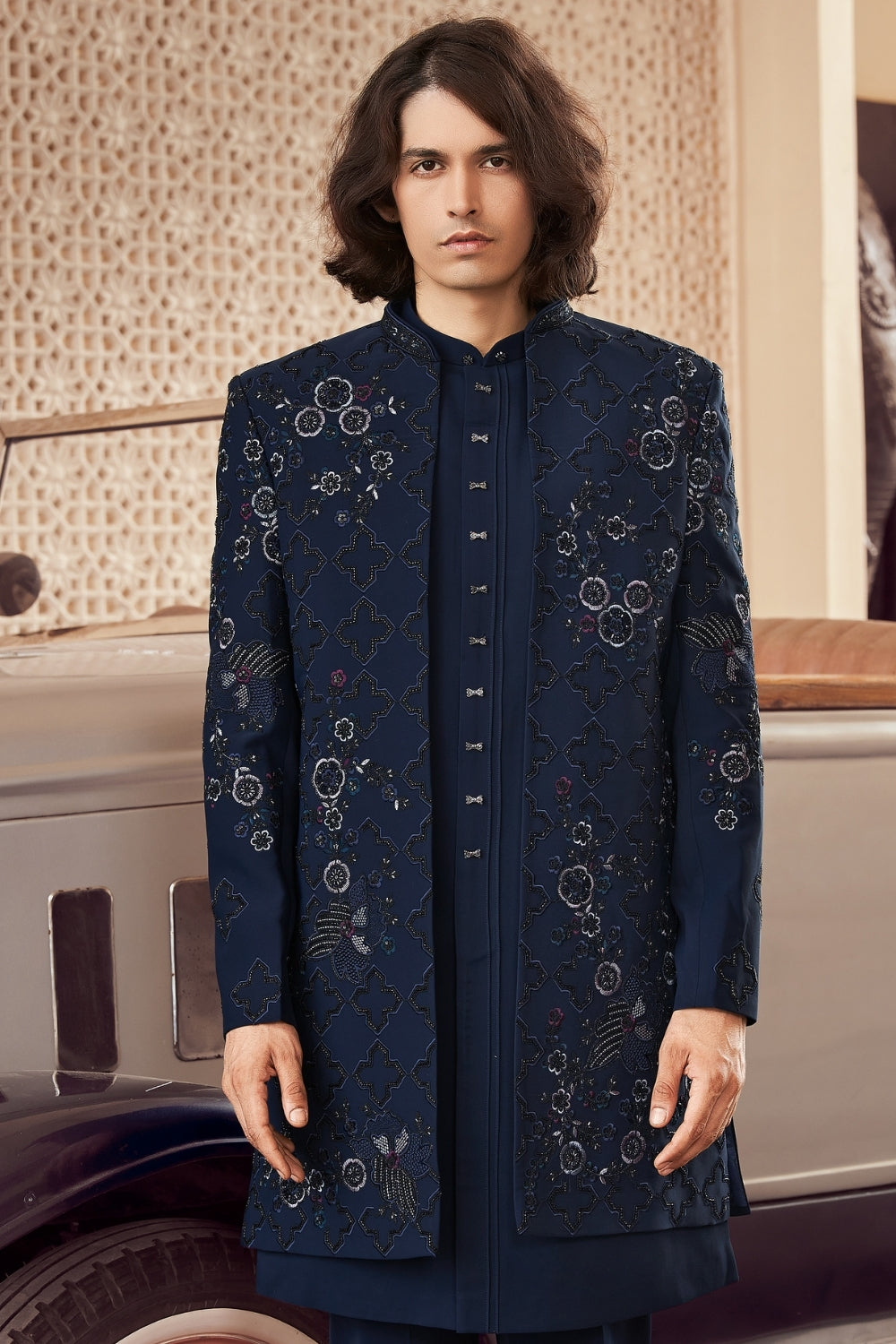 Dark Blue Imported Indo Western with Cutdana and Resham Embroidery