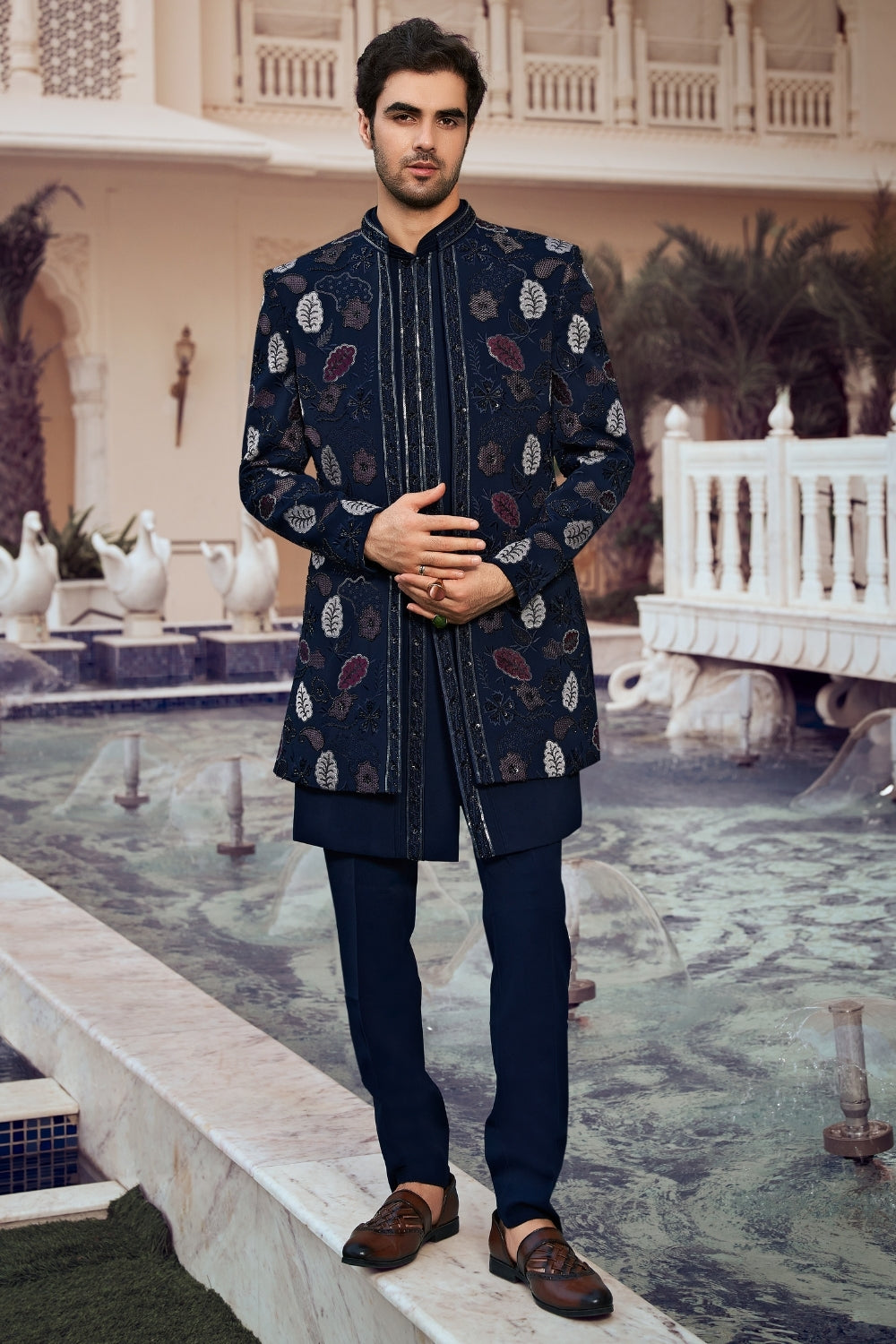 Dark Blue Imported Indo Western with Cutdana and Sequins Work