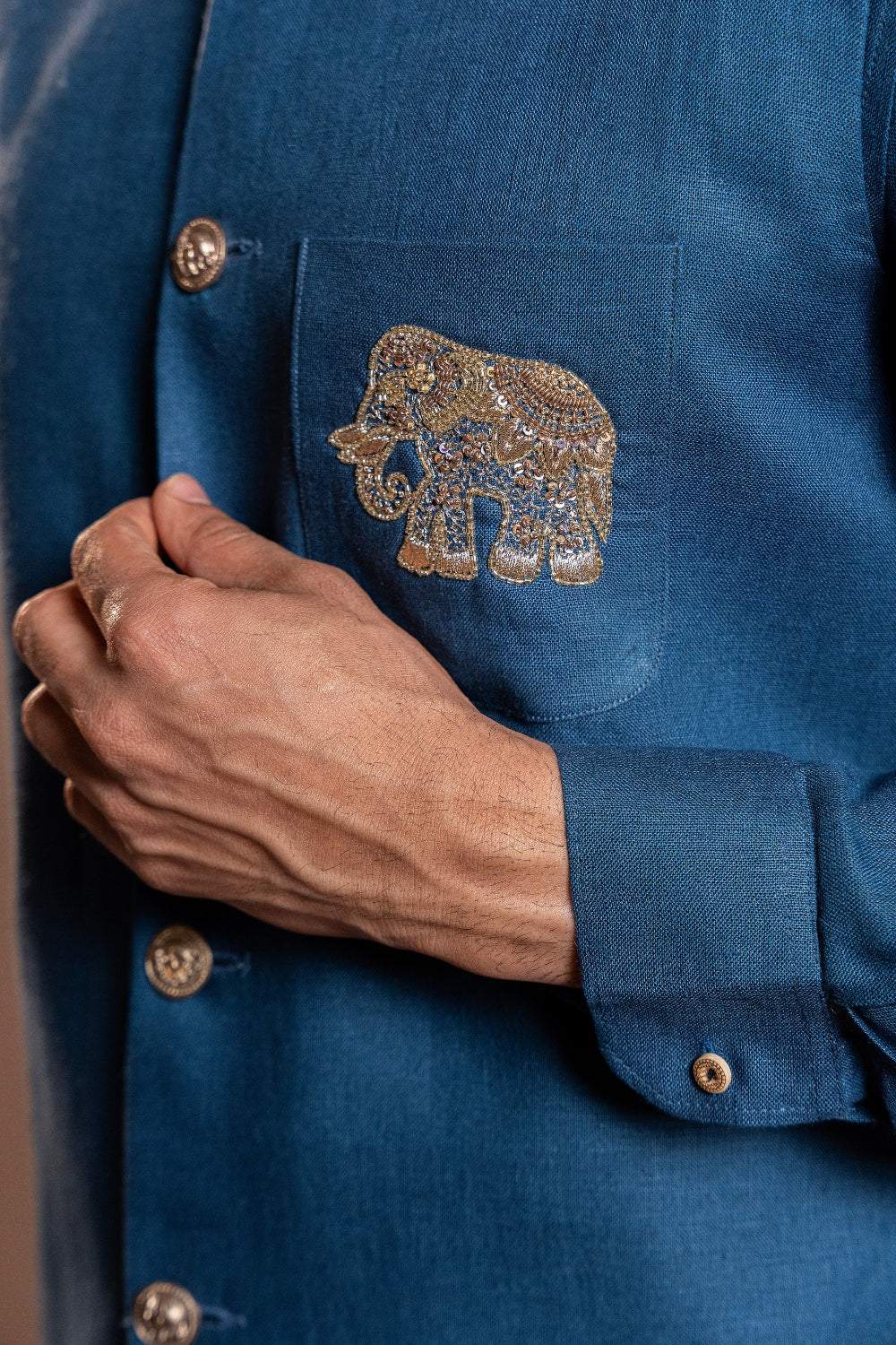 Dark Blue Linen Koti Set with Sequins and Zardosi Work