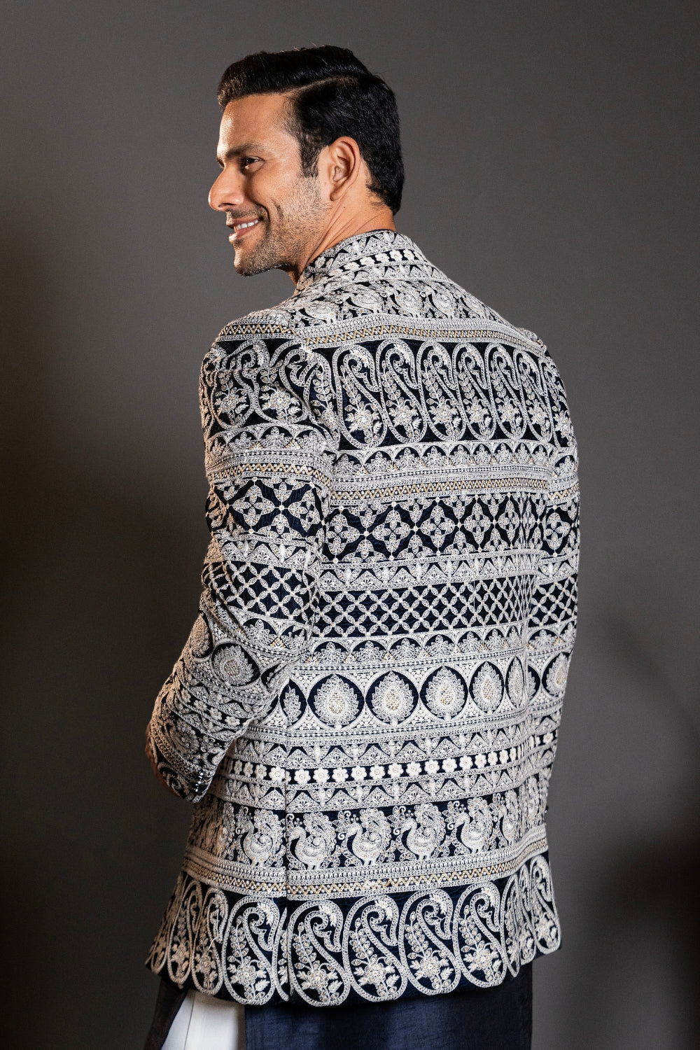 Dark Blue Silk Indo Western with Embroidery