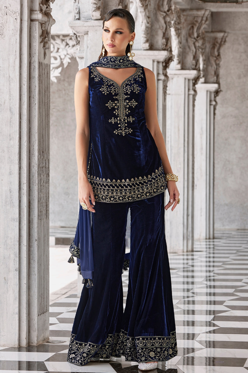 Dark Blue Velvet Palazzo Set with Cutdana and Sequins Work