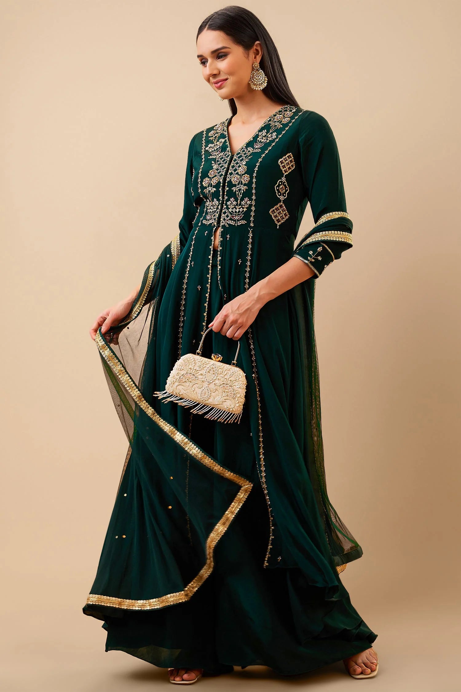 Dark Green Crepe Silk High Slit Beaded Palazzo Suit