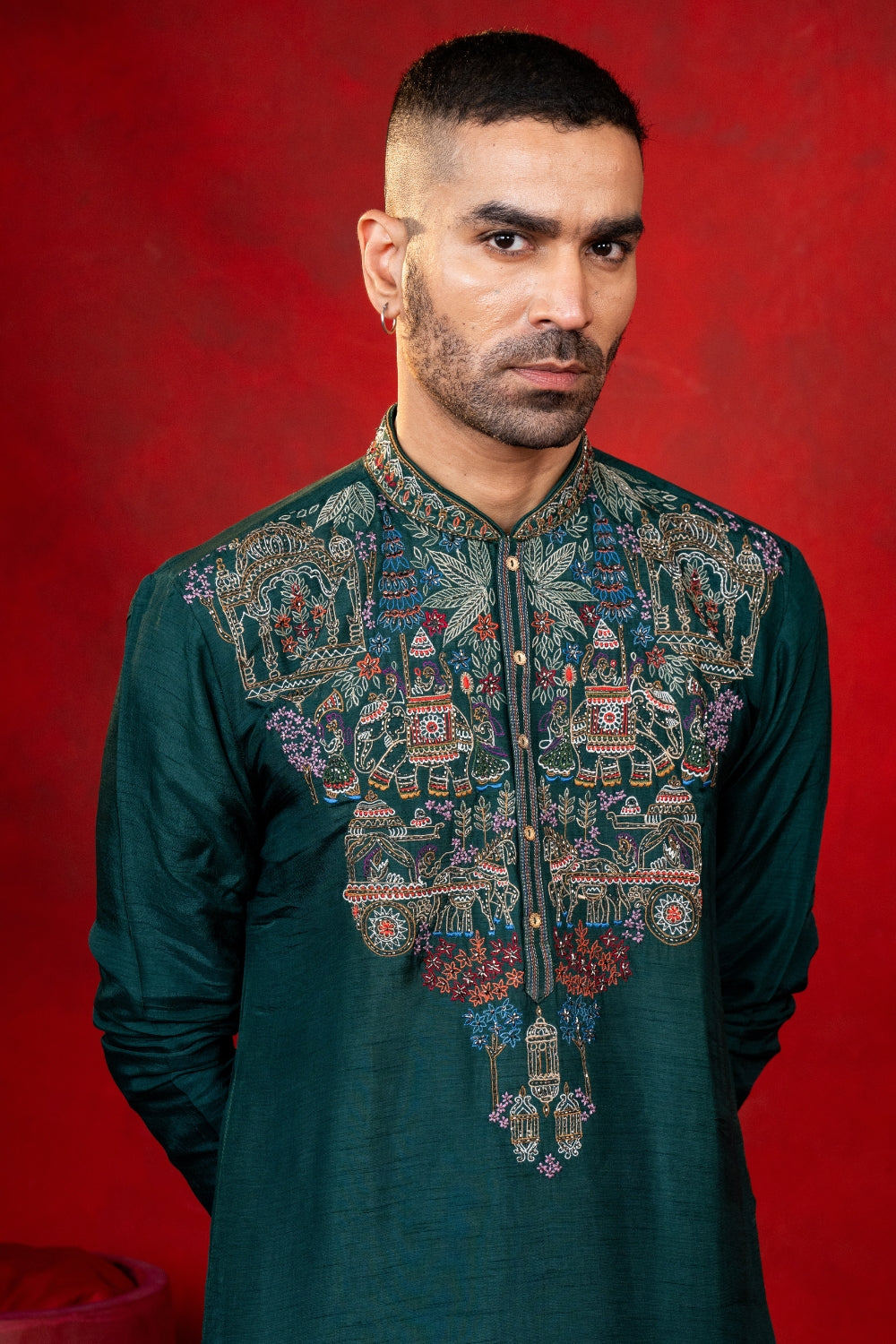 Dark Green Silk Kurta Set with Cutdana and Resham Embroidery