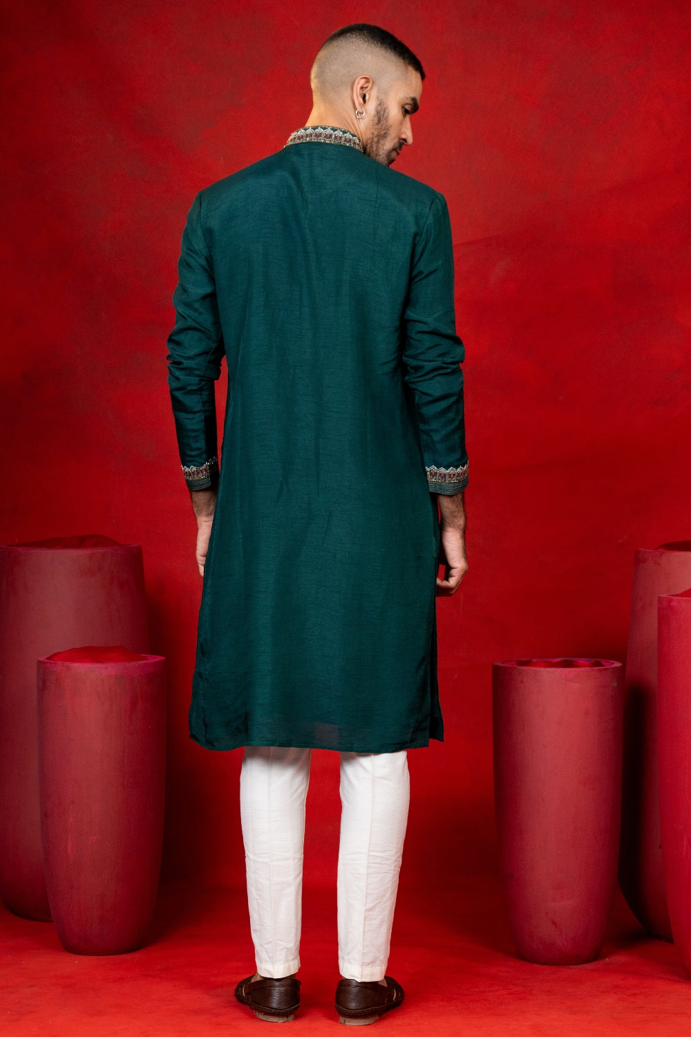 Dark Green Silk Kurta Set with Cutdana and Resham Embroidery