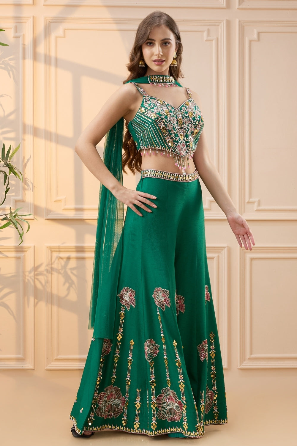 Dark Green Silk Palazzo Set with Moti and Beads Work