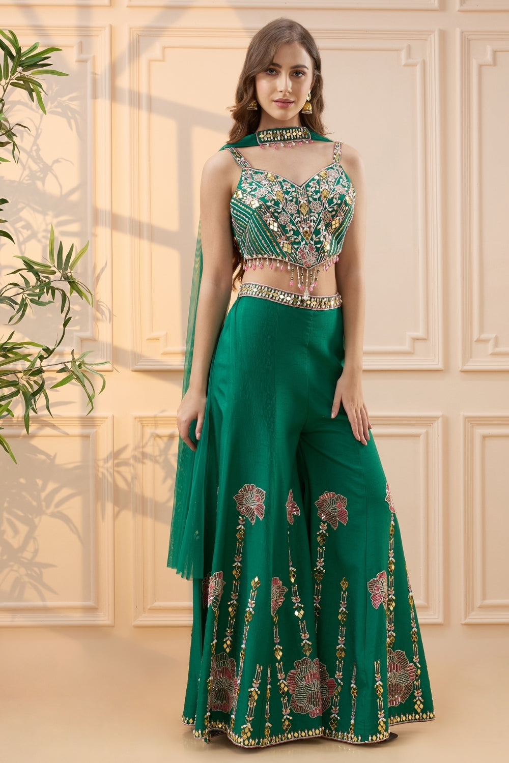 Dark Green Silk Palazzo Set with Moti and Beads Work