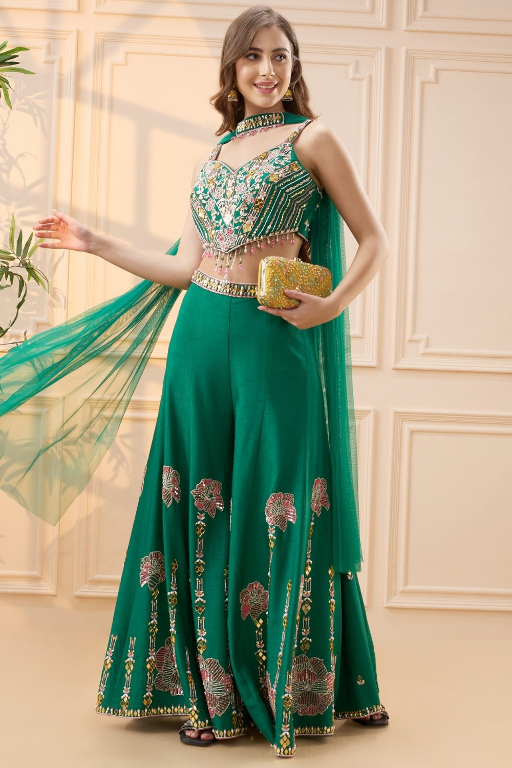 Dark Green Silk Palazzo Set with Moti and Beads Work