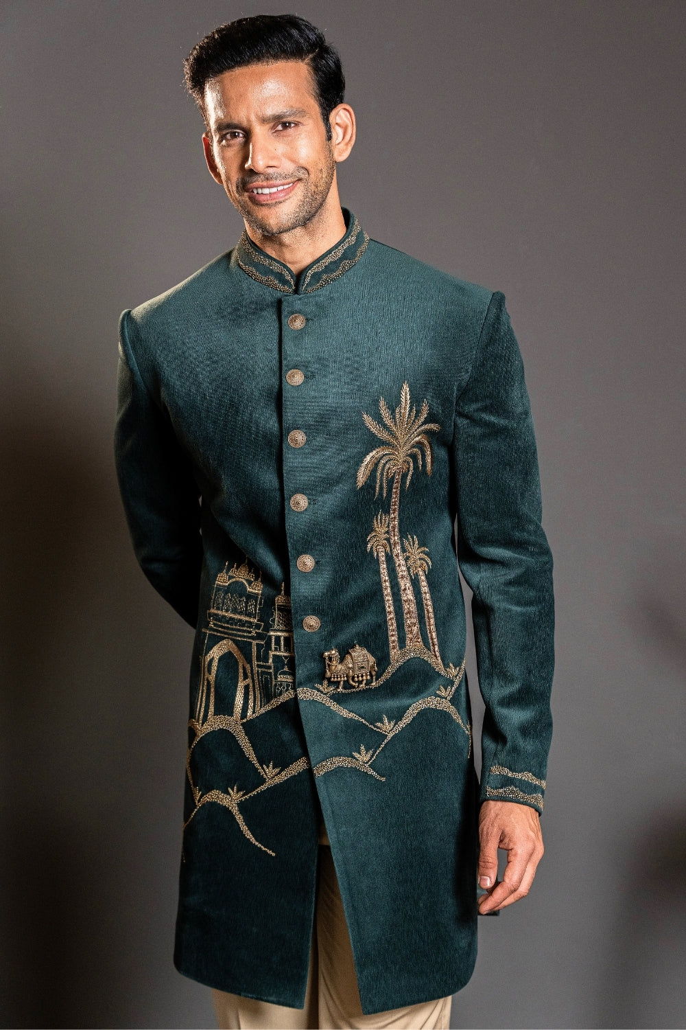 Dark Green Velvet Indo Westren with Aari and Moti Work