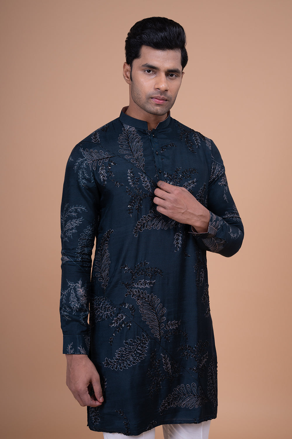 Deep Teal Silk-Crepe Kurta with Allover Tonal Leaf and Vine Hand-Embroidery