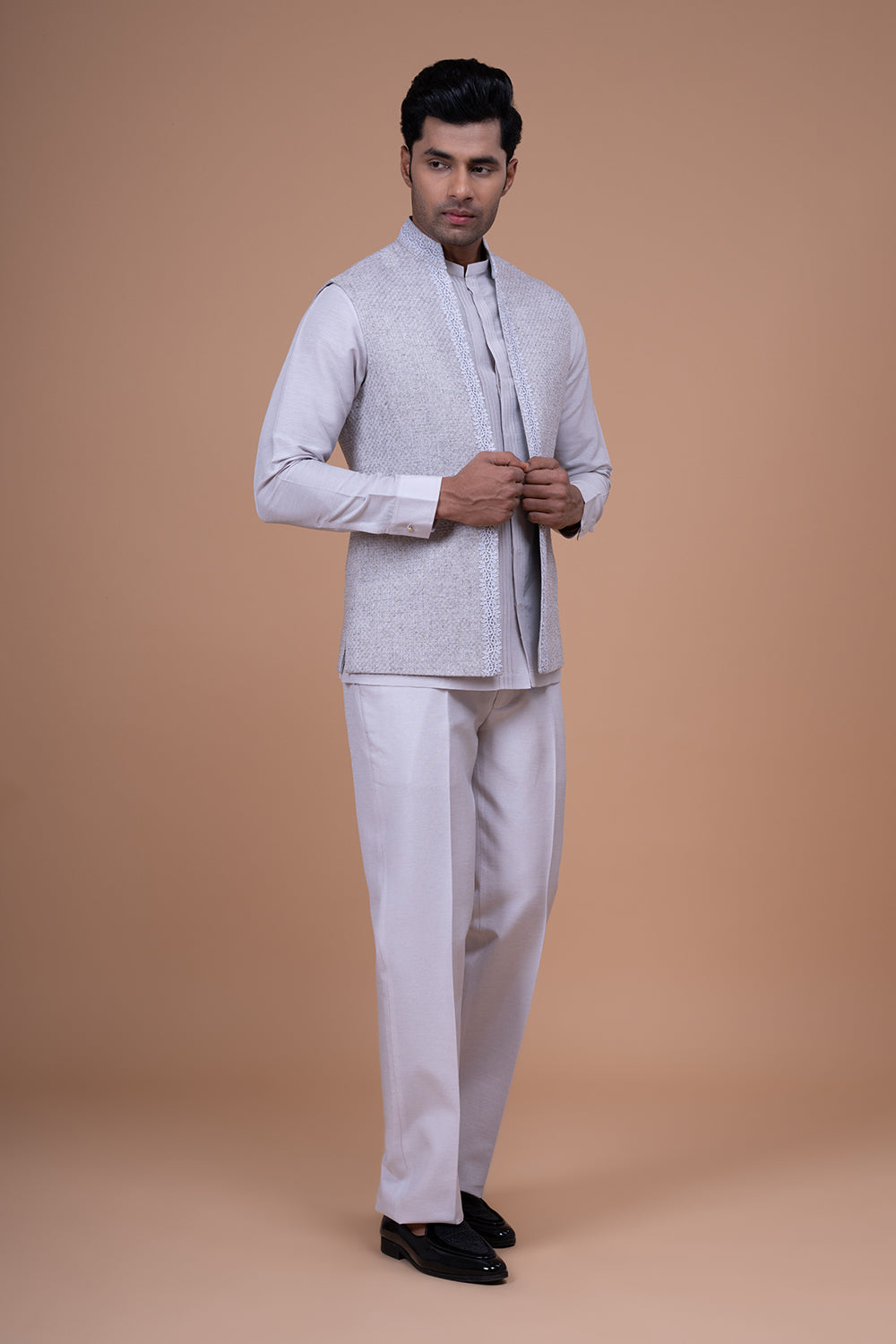 Dove Grey Textured Waistcoat with Delicate Scalloped Lace Border.