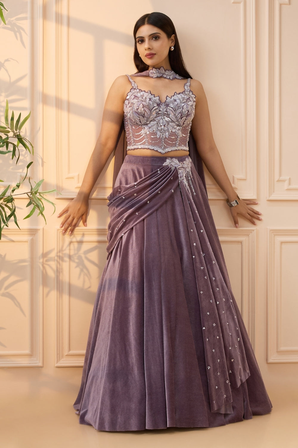 Dusty Mauve Simmar Silk Lehenga Set with Cutdana and Moti Work