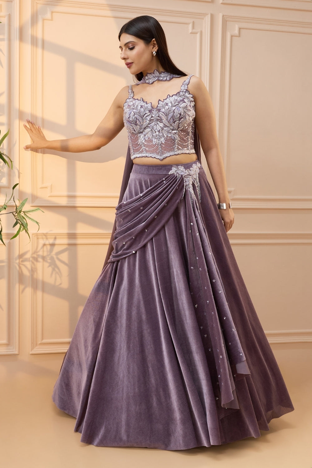 Dusty Mauve Simmar Silk Lehenga Set with Cutdana and Moti Work