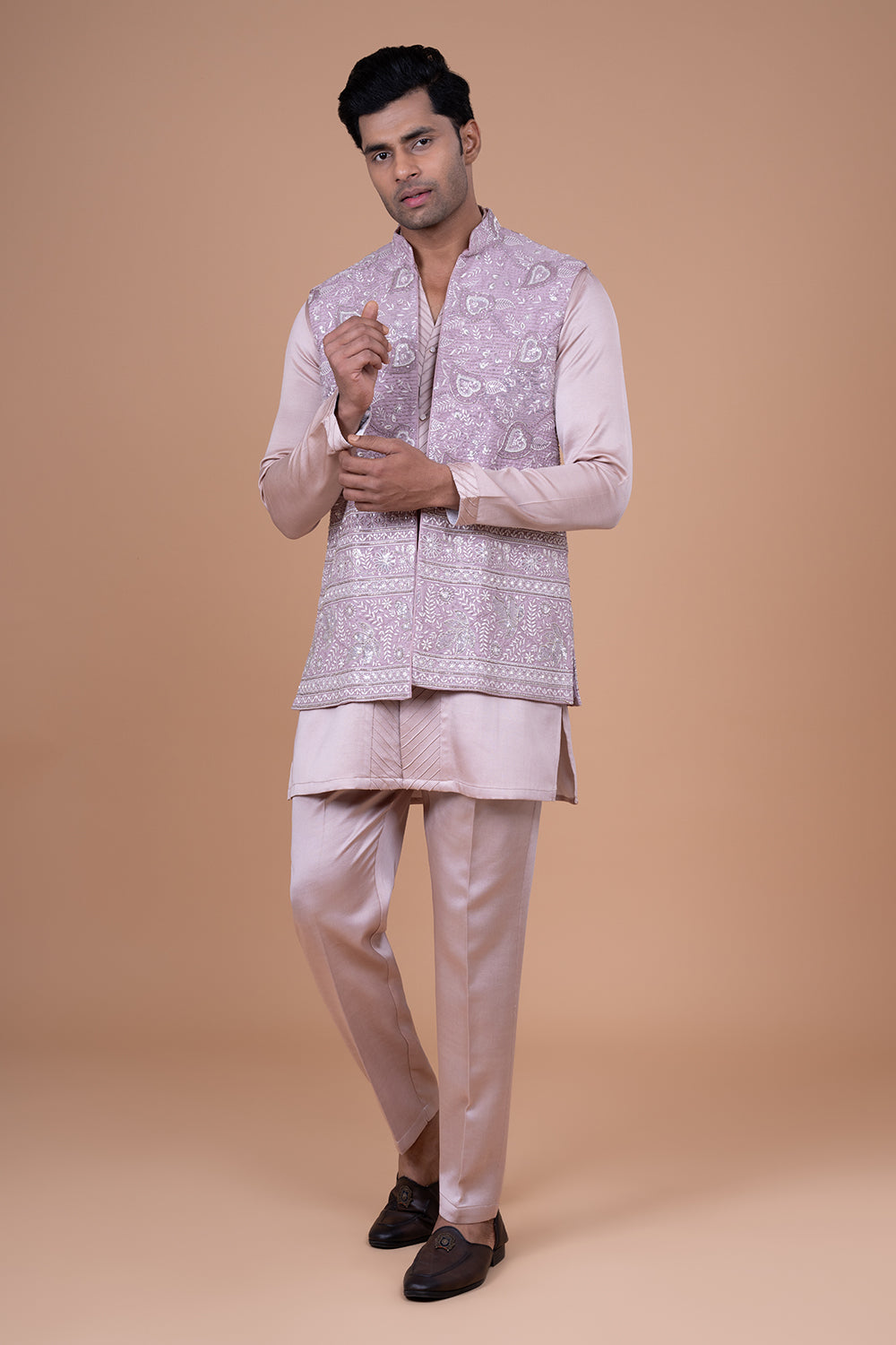 Dusty Rose Silk Waistcoat with Allover Sequin and Floral Thread Embroidery.