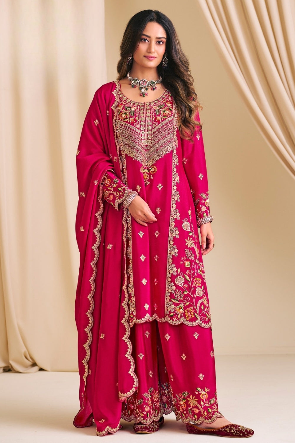 Embroidered Chinon Palazzo Set with Resham and Sequin Work