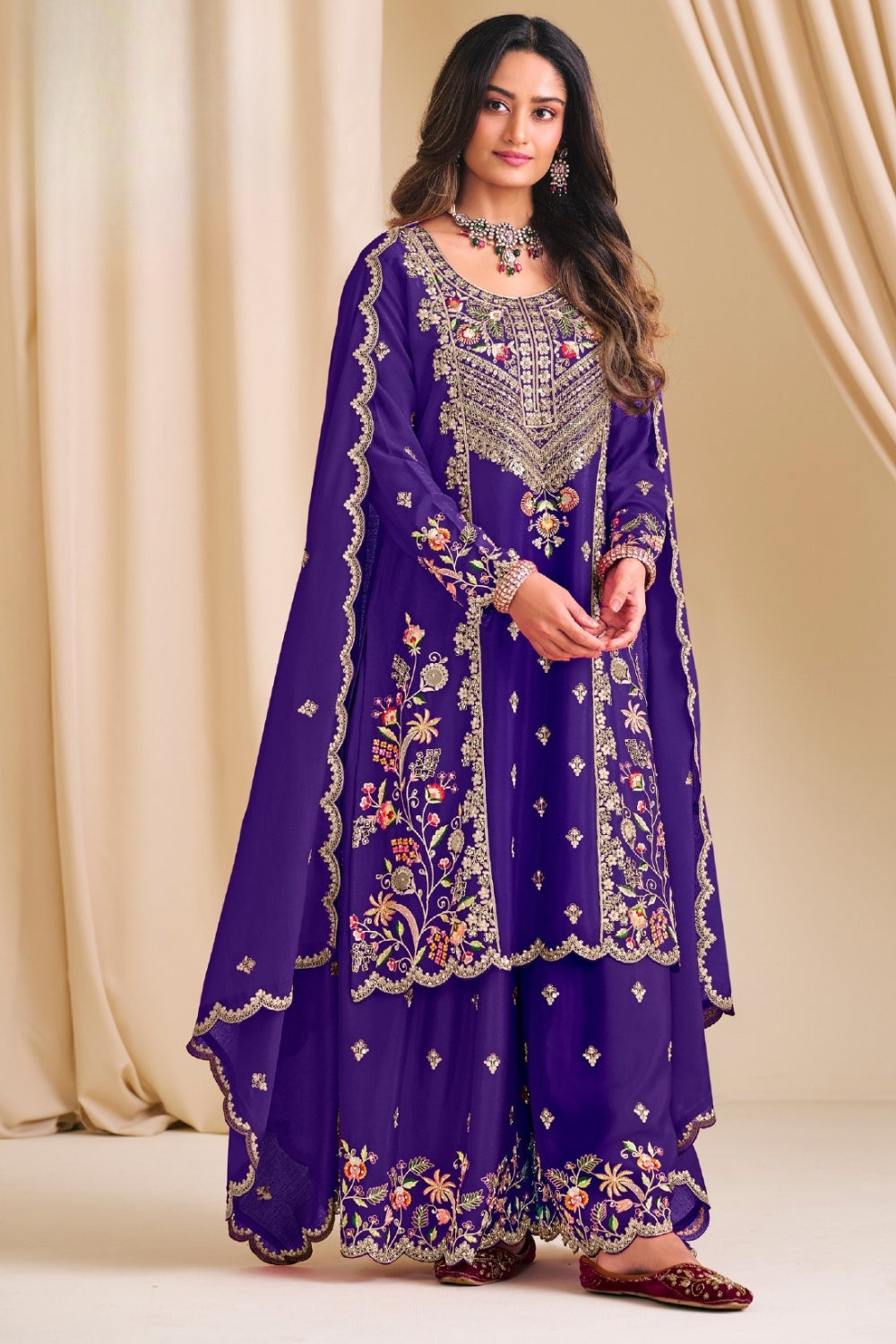 Embroidered Chinon Palazzo Set with Resham and Sequin Work