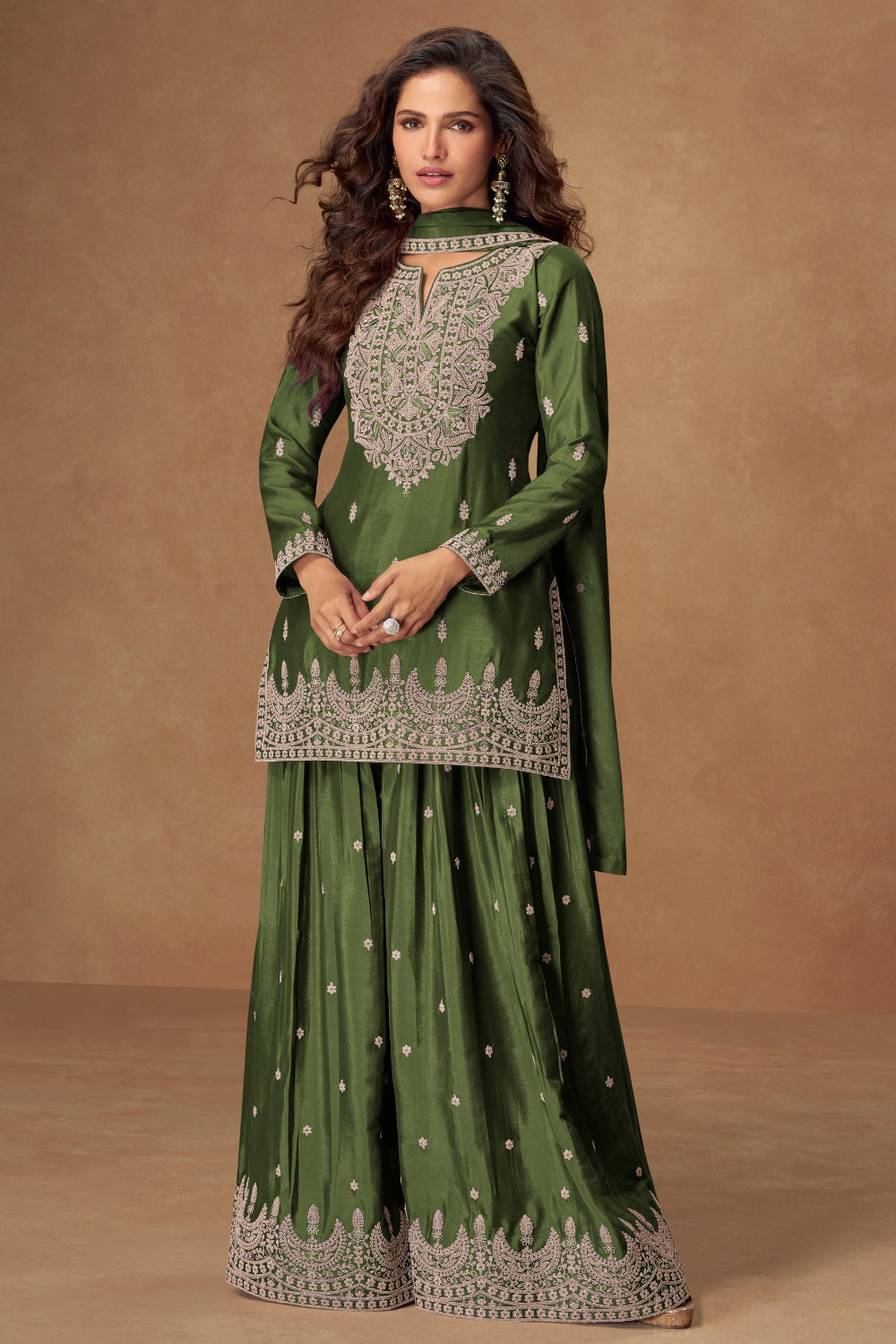 Embroidered Chinon Palazzo Suit Set with Dupatta