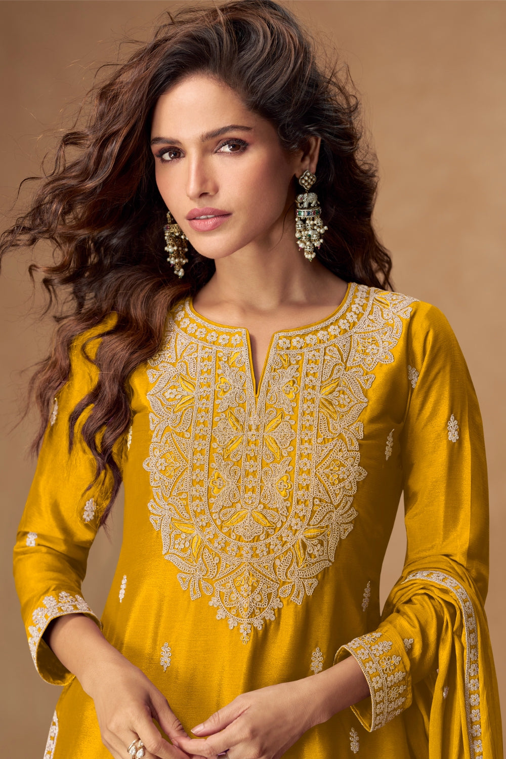 Embroidered Chinon Palazzo Suit Set with Dupatta