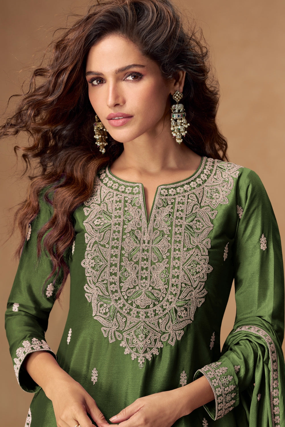 Embroidered Chinon Palazzo Suit Set with Dupatta