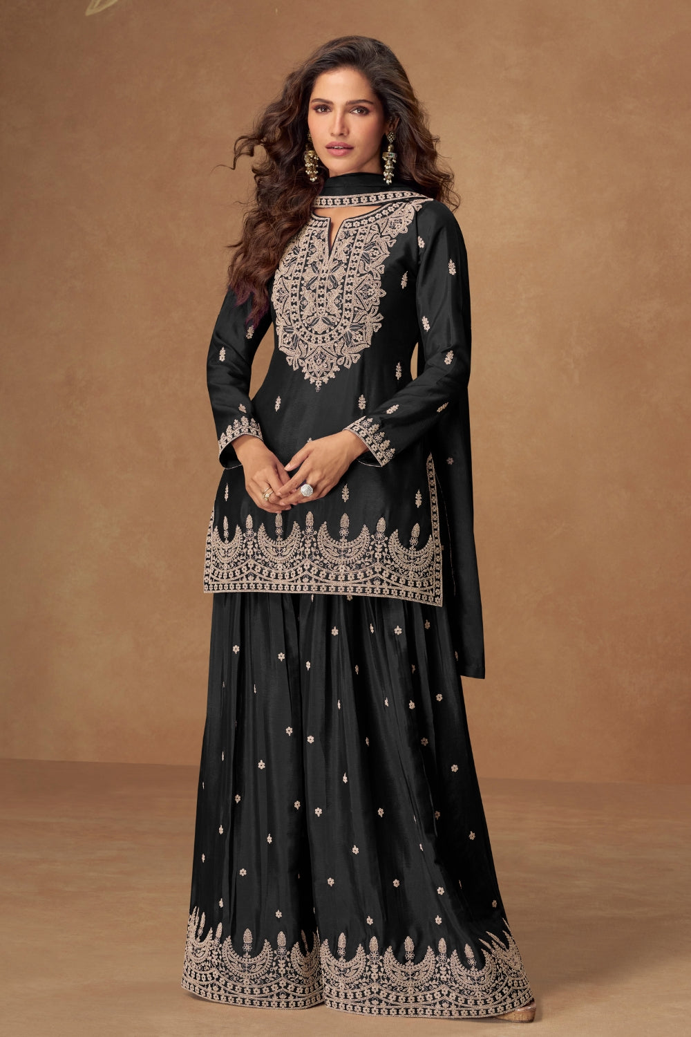 Embroidered Chinon Palazzo Suit Set with Dupatta